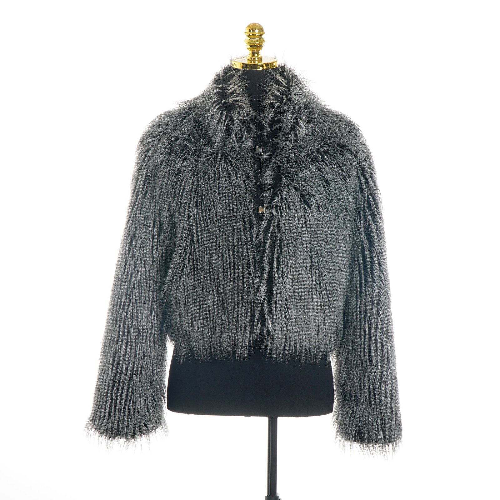 Rodika Zanian Paris Yeti Faux Fur Cropped Jacket: This cropped shaggy jacket is from the Paris-based designer Rodika Zanian. The garment is crafted from a long-pile, shaggy faux fur textile in a variegated salt and pepper grey and black colorway, cha