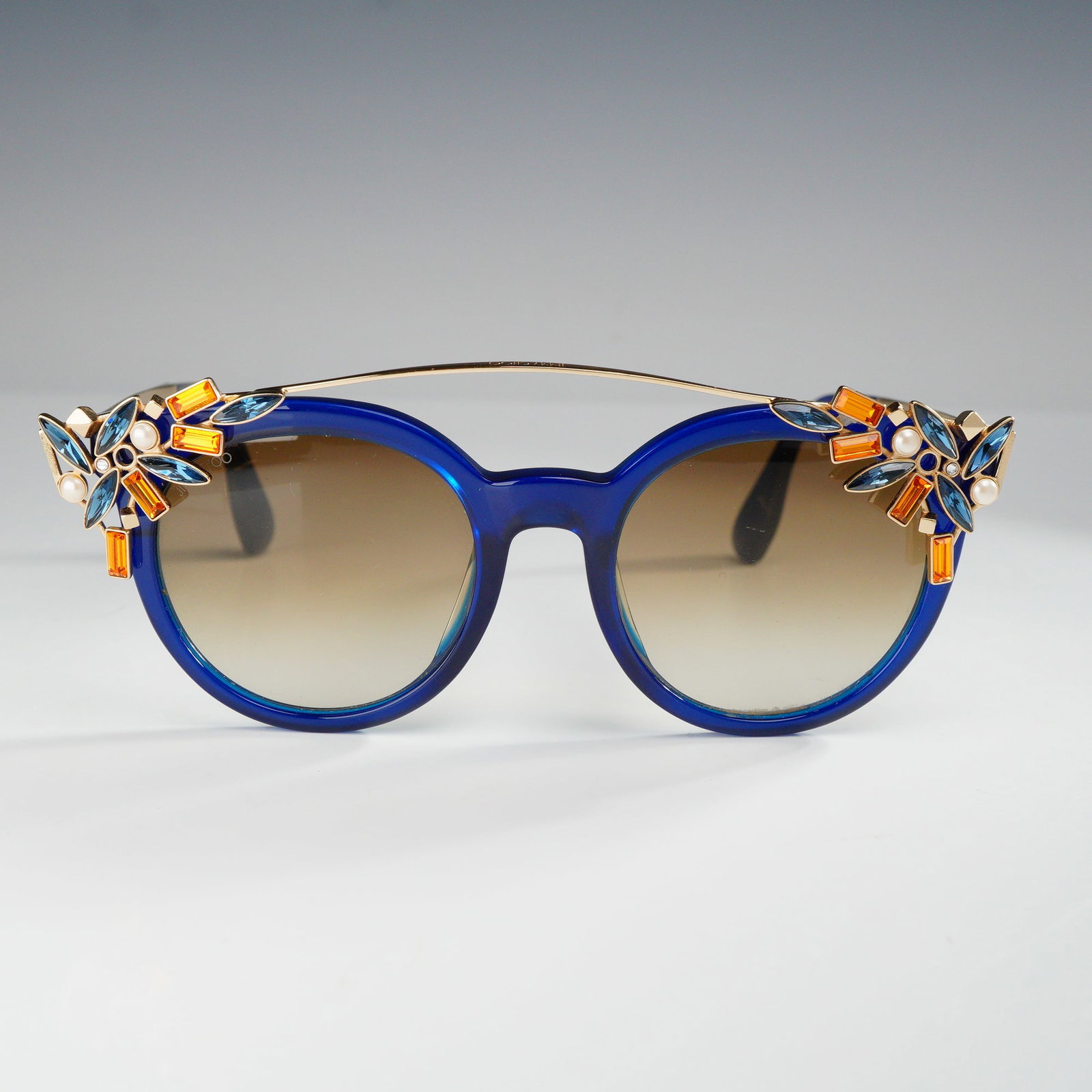 Jimmy Choo Vivy Blue and Gold-Tone Round Sunglasses with Detachable Jewel Clip-on and Case (1 of 9)