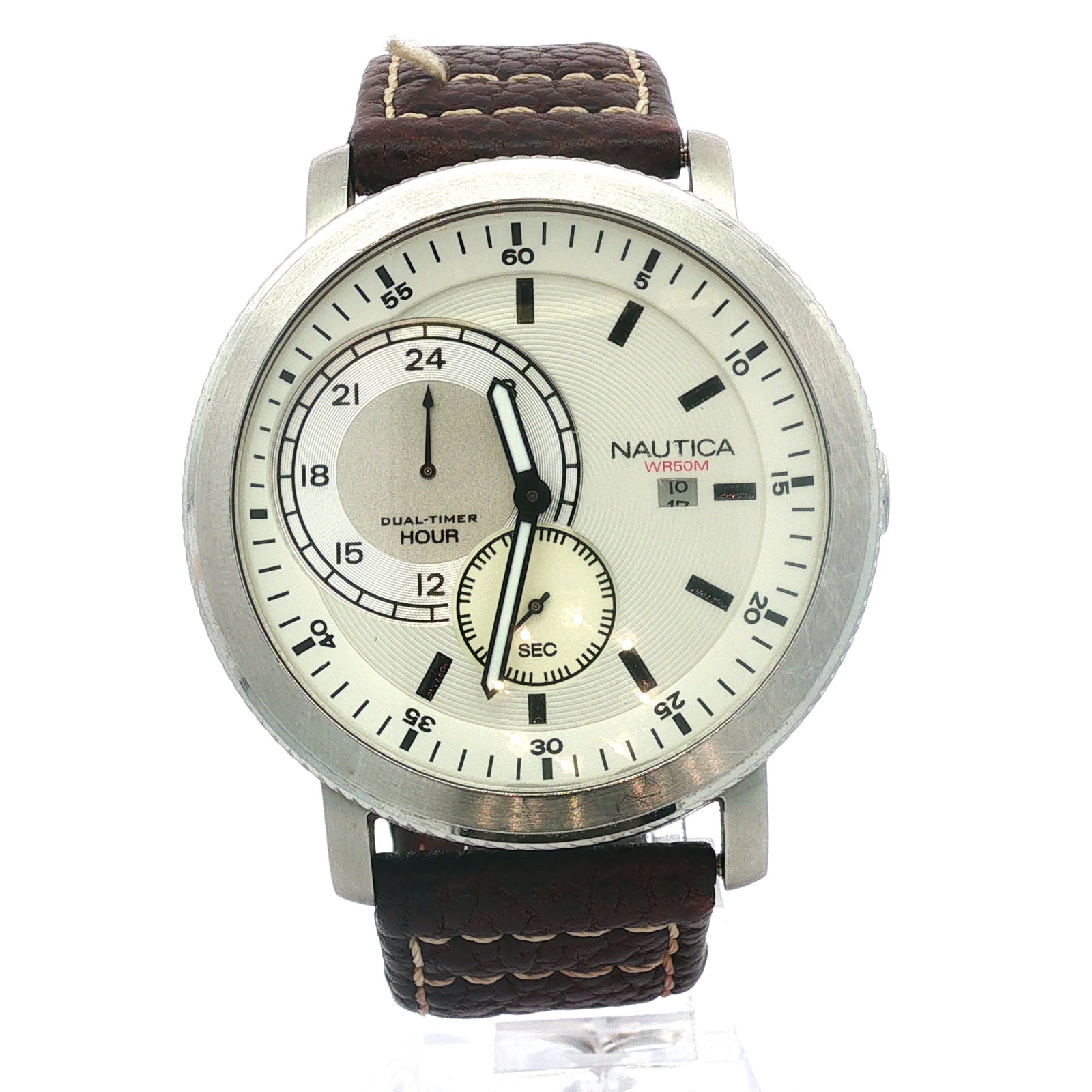 Nautica Men's Stainless Steel Dual Time Wristwatch N09573: Stainless steel case; water resistant to 50 meters; Swiss parts; China movement. Set on brown pebbled leather wrist strap. Dimensions: 9.5"L Weight: 2.6 oz.
