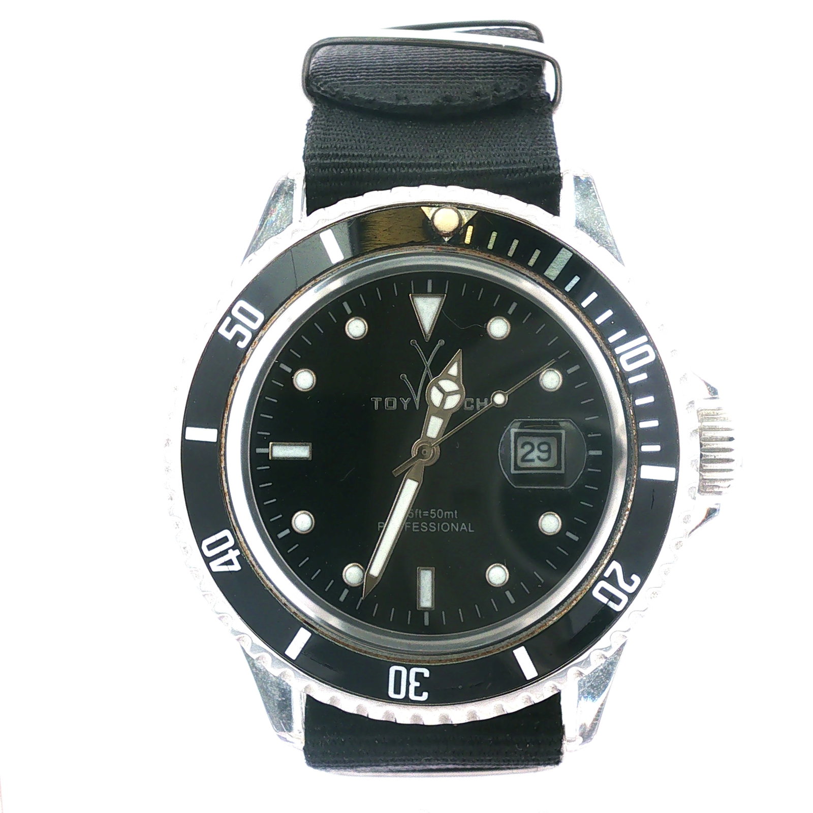 Toywatch Men's Stainless Steel Date Watch, Black: Stainless steel with black and silver dial face; 165 ft. Water resistant Professional; Black canvas band; Toywatch mark on face. Dimensions: 10"L Weight: 1.9 oz.