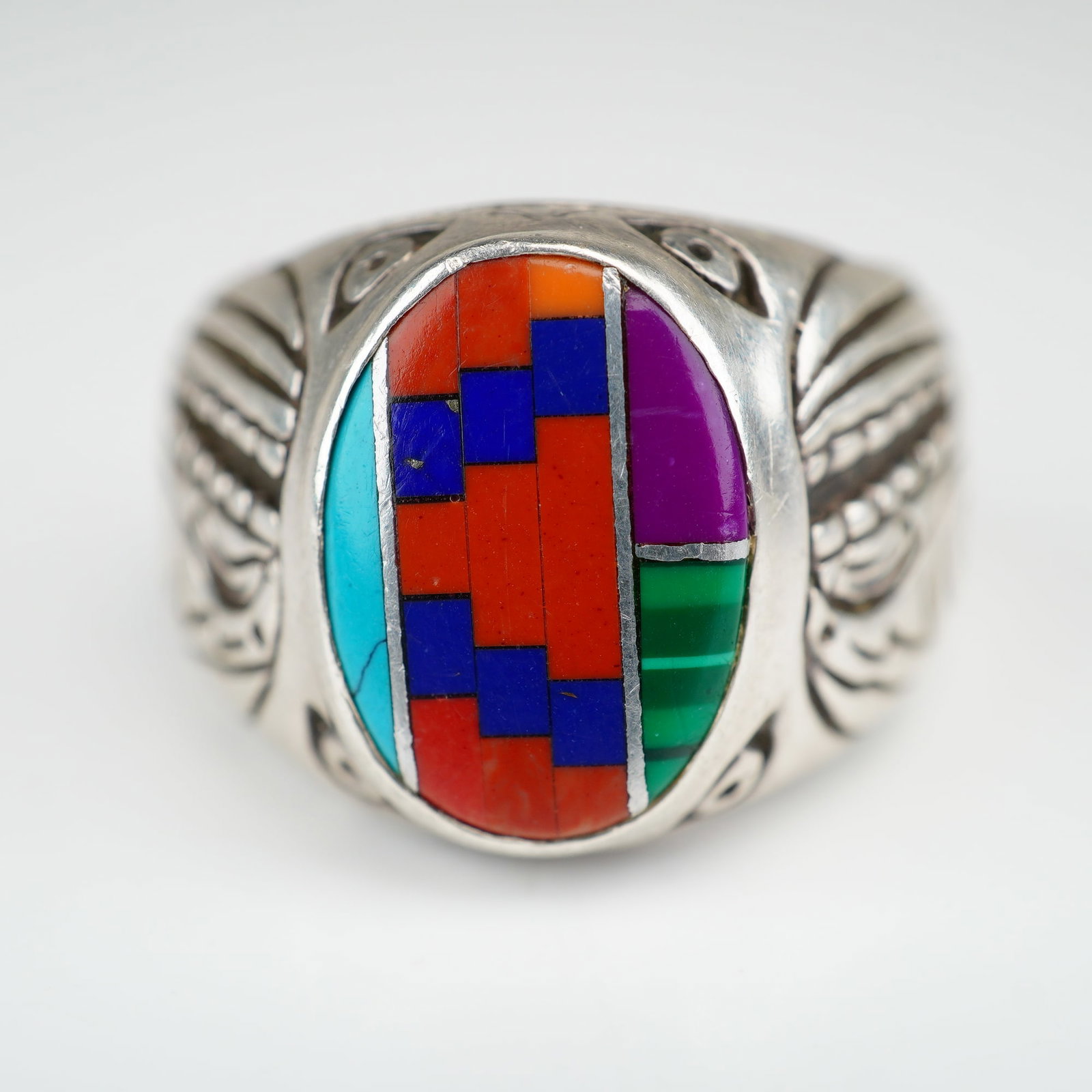 Native American Sterling Silver Multi-Stone Inlay Statement Ring - 4