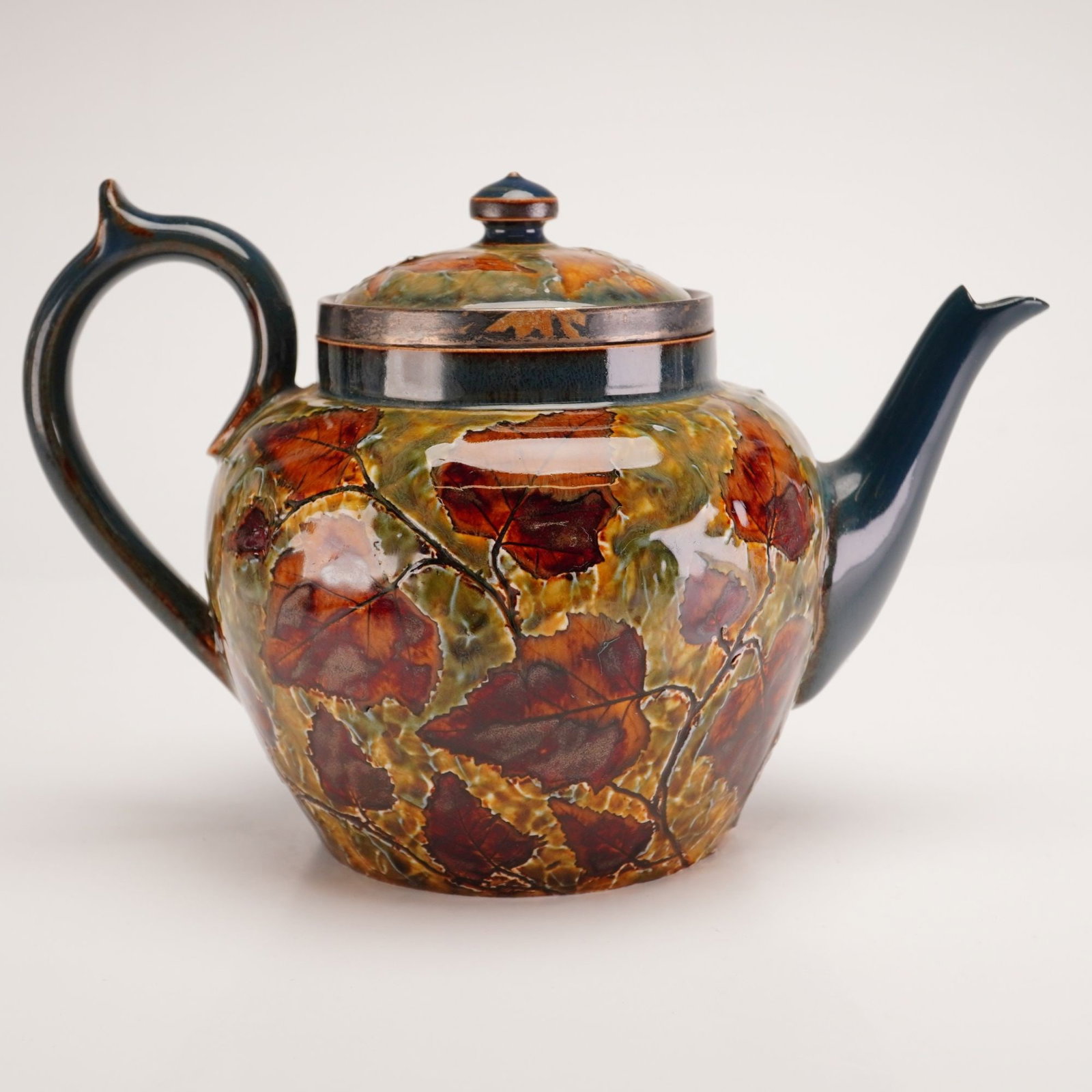 Doulton Lambeth Natural Foliage Stoneware Teapot with Sterling Silver Mounts, 1904 (1 of 4)
