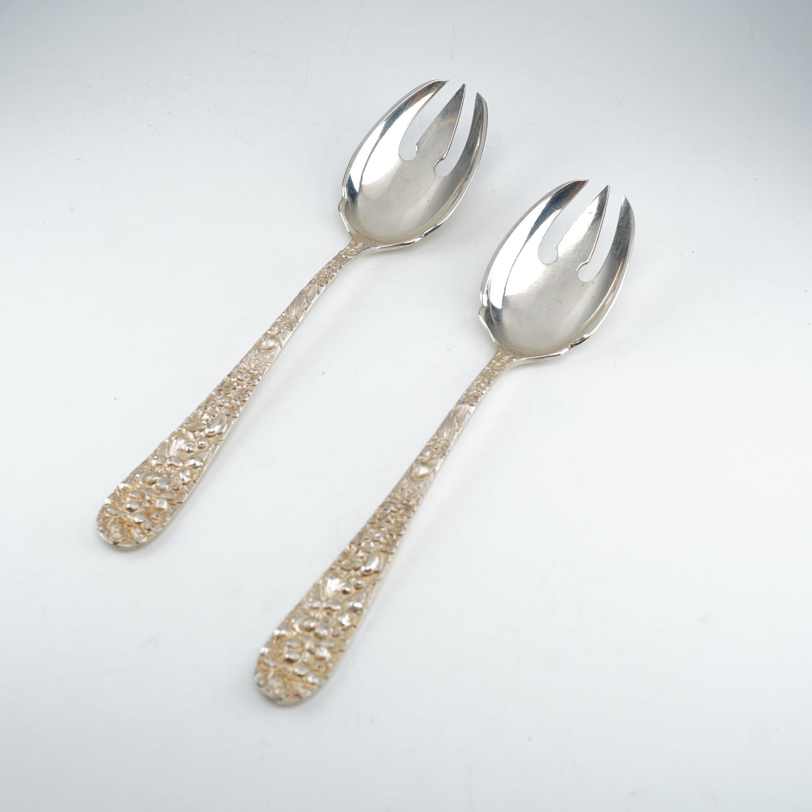 2pc Kirk Stieff Sterling Silver Ice Cream Forks, Stieff Rose: A matched pair of ice cream (frozen dessert) forks in the classic Stieff Rose pattern by Kirk Stieff, introduced in 1892. Each fork showcases an ornate sterling silver handle with finely executed flor