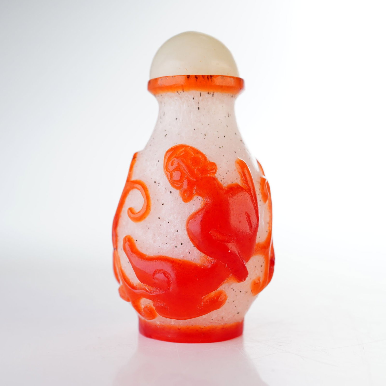 Peking Glass Overlay Snuff Bottle, Red Chilongs (1 of 3)