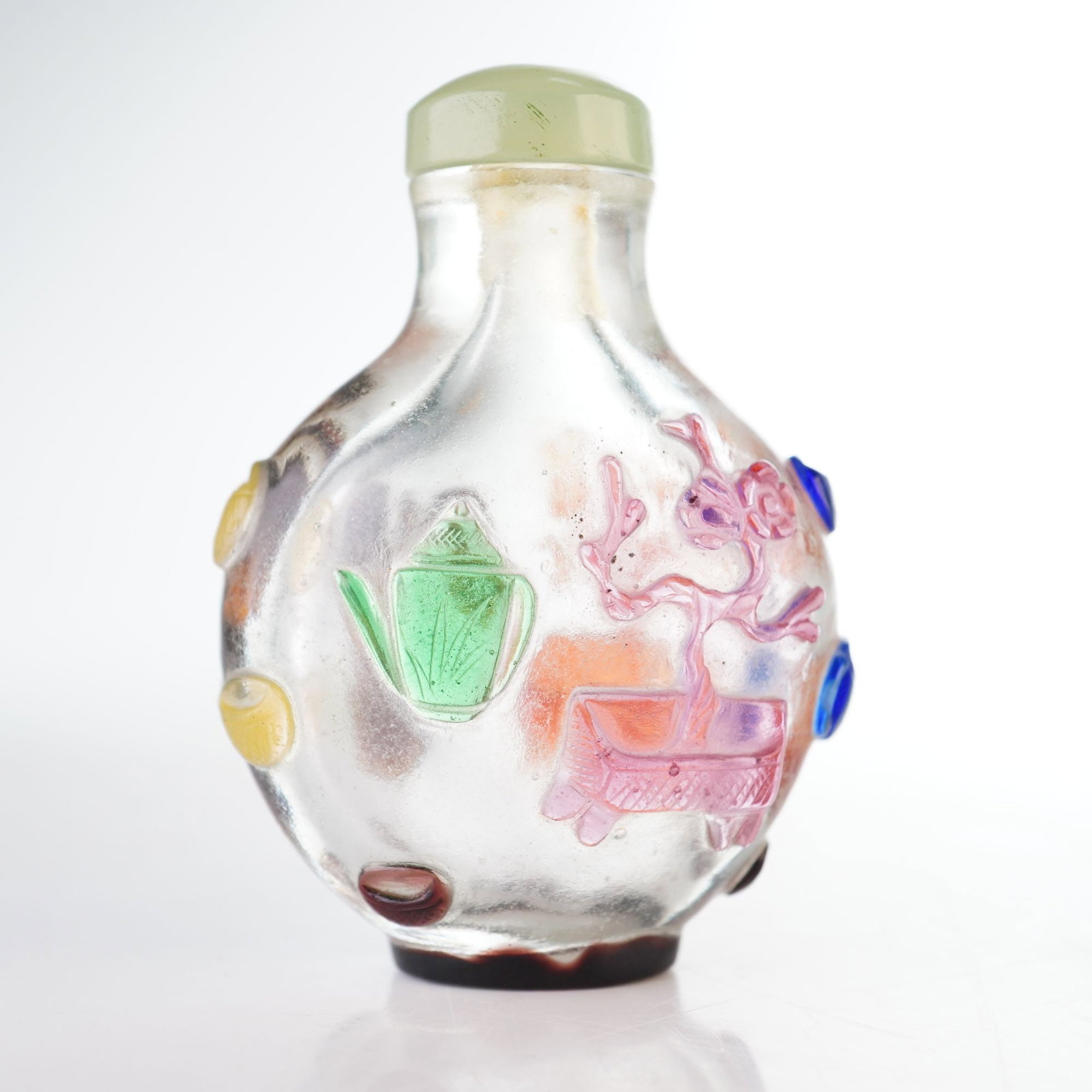 Peking Glass Snuff Bottle, Multi-color Overlay Scholar's Objects (1 of 4)