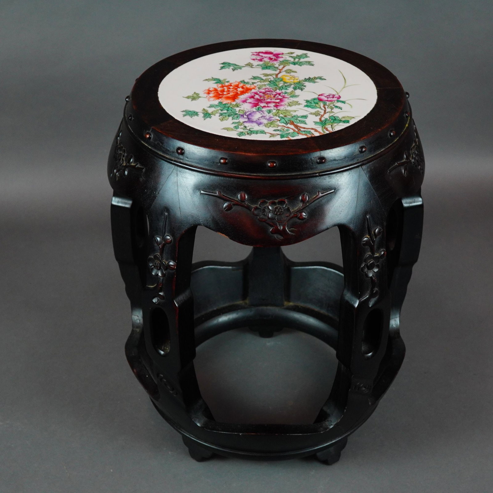 Chinese Hardwood and Famille Rose Porcelain Inset Garden Stool (1 of 4)