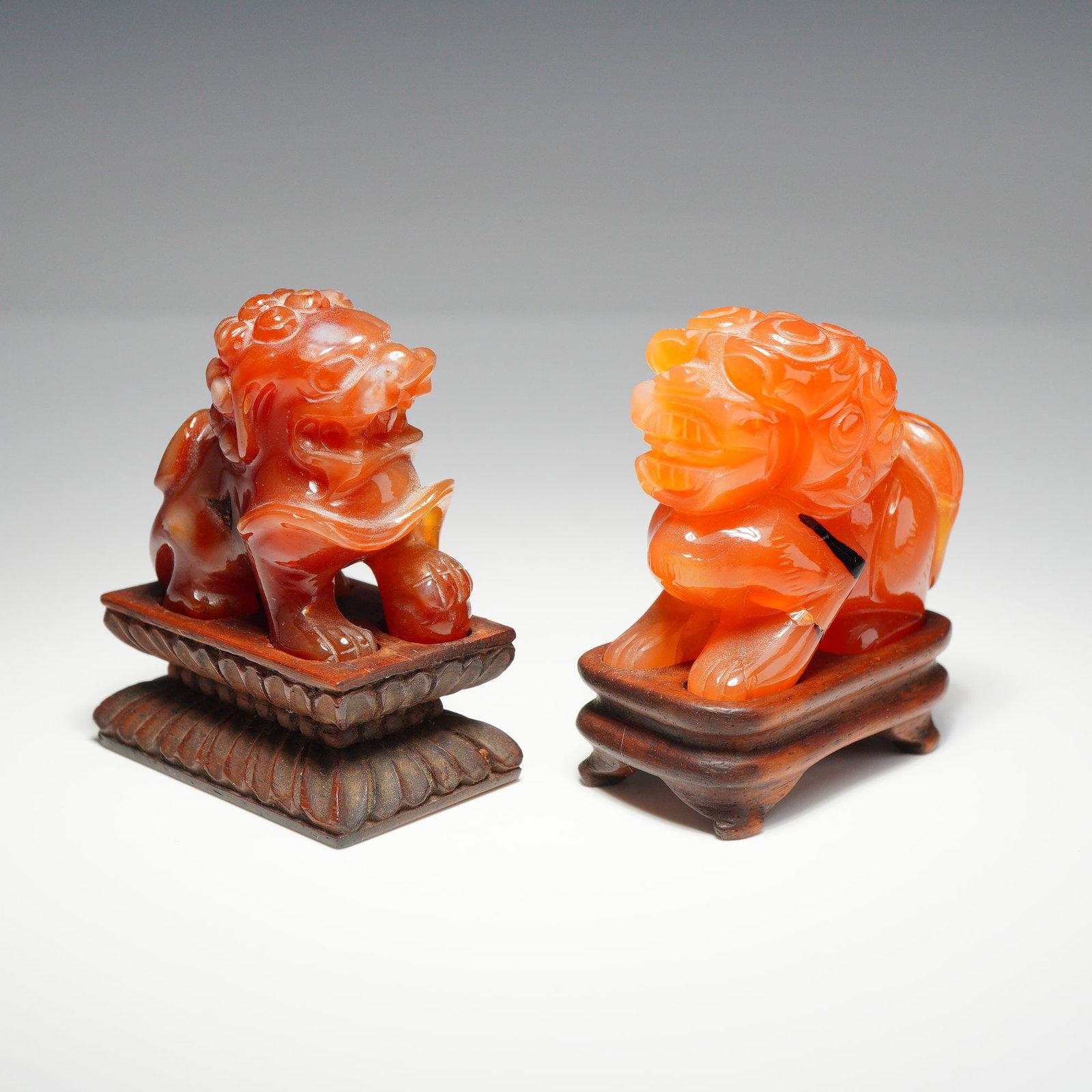 2pc Chinese Carved Carnelian Agate Dragon Creatures with Stands: This lot consists of two hand-carved stone figures crafted from carnelian agate, displaying a characteristic translucent reddish-orange color with natural banding and internal crystalline inclusions. 