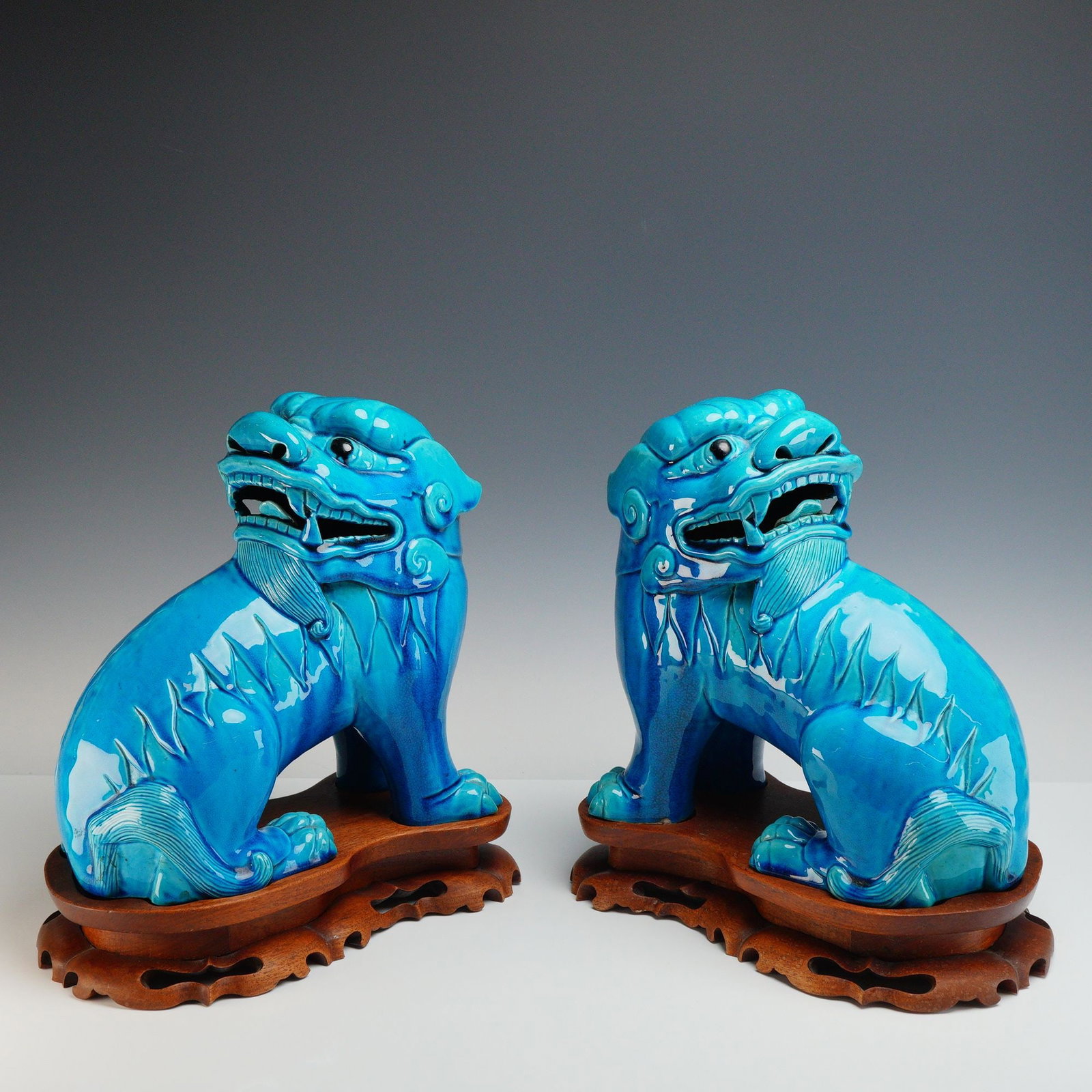 2pc Chinese Turquoise Glazed Ceramic Foo Dog Sculptures with Bases (1 of 5)