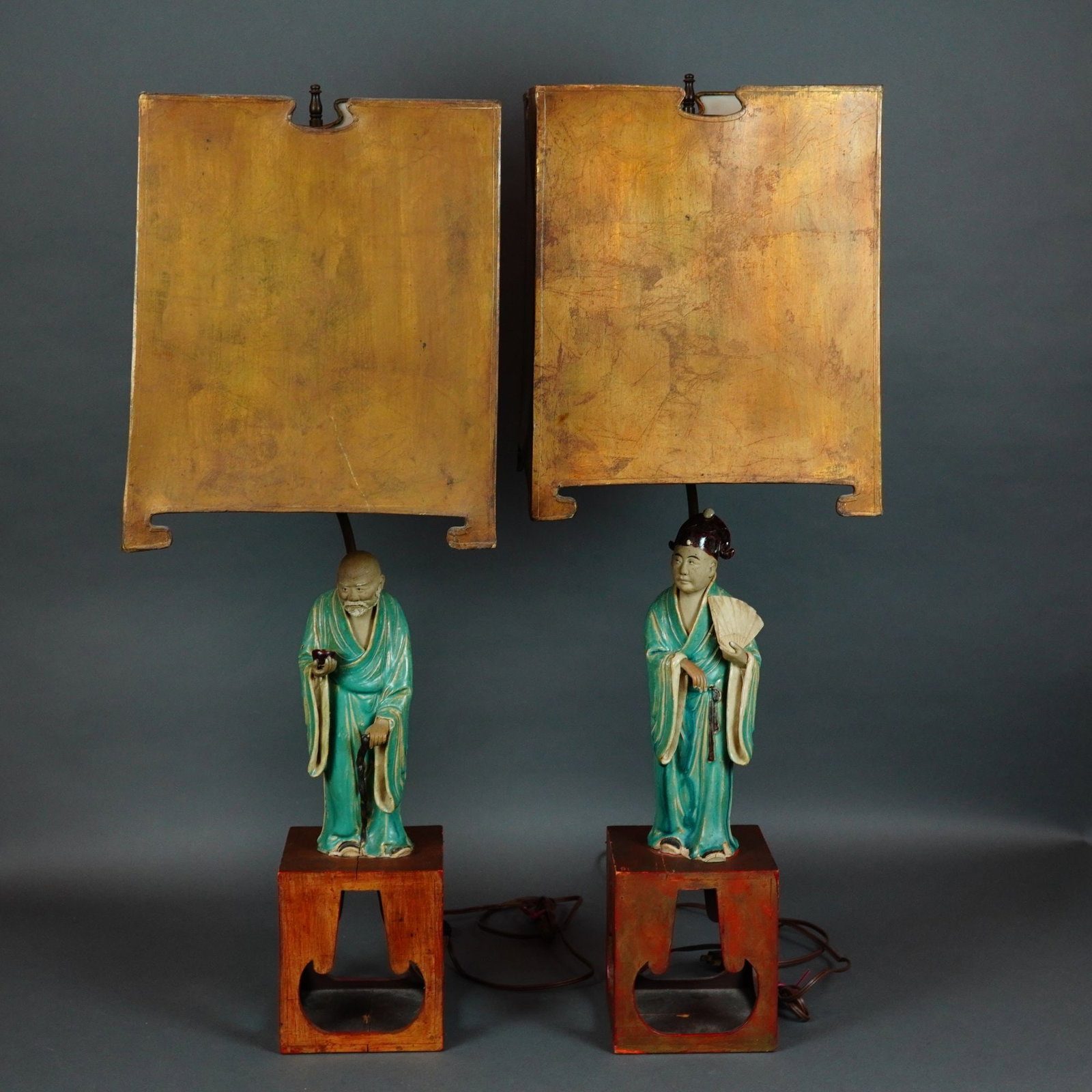 A Pair of Chinese Style Glazed Ceramic Figure Table Lamps on Lacquered Wood Bases (1 of 5)
