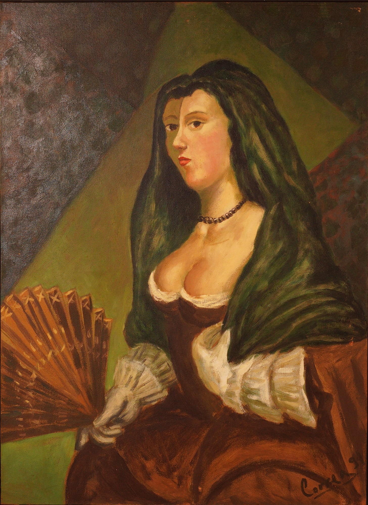 Oil on Canvas Painting, Portrait of Lady with Fan after Velasquez, Signed: Striking oil on canvas painting depicting a woman in Baroque-style attire holding a fan, inspired by Diego Velazquez's The Lady with the Fan (La Dama del Abanico). The composition features rich earthy