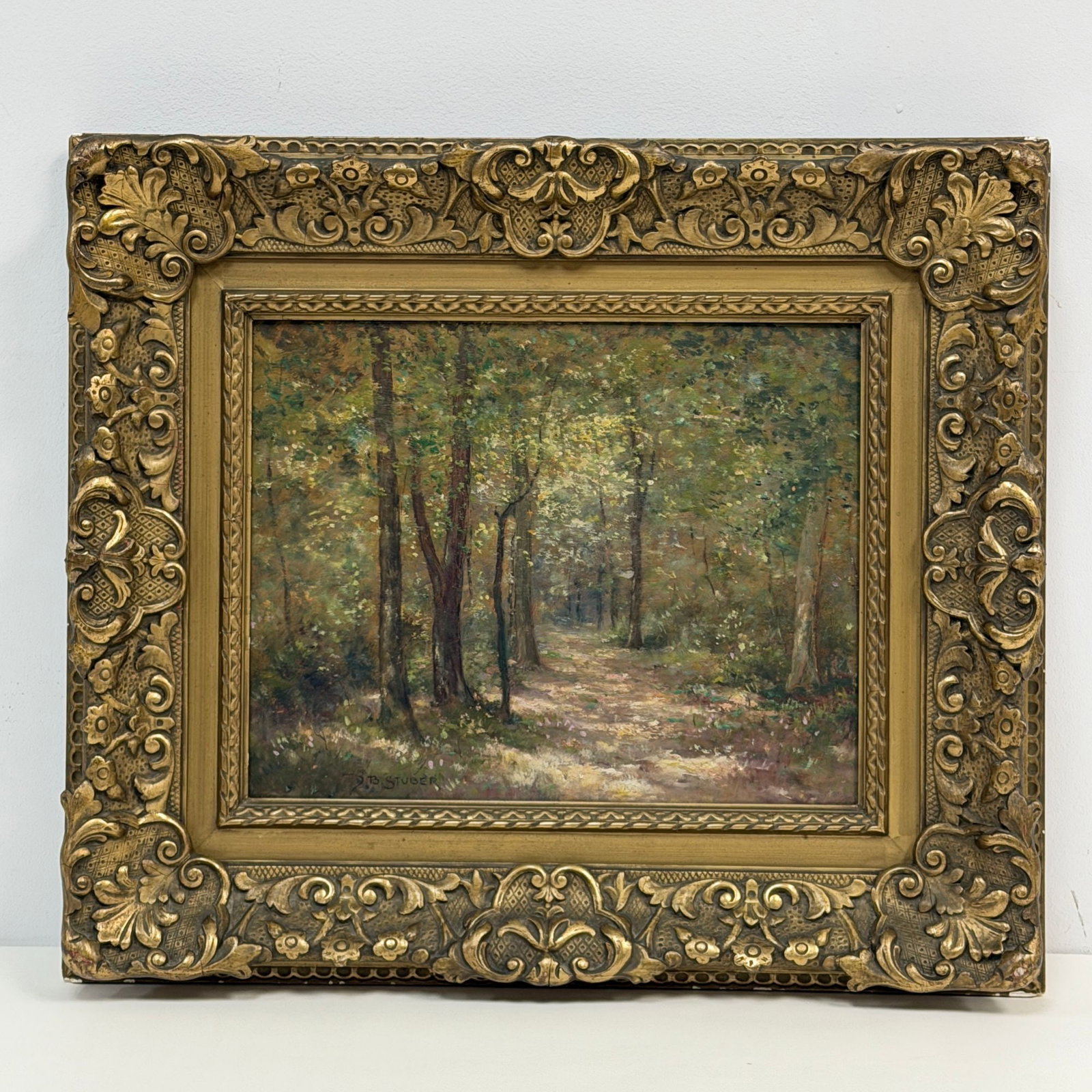 Dedrick Brandes Stuber (American, 1878-1954) Oil on Board, Woodland Landscape, Signed: An original oil on board painting by American artist Dedrick Brandes Stuber (American, 1878-1954) features a sun-drenched woodland path, a fine example of California Plein Air Impressionism. Painted