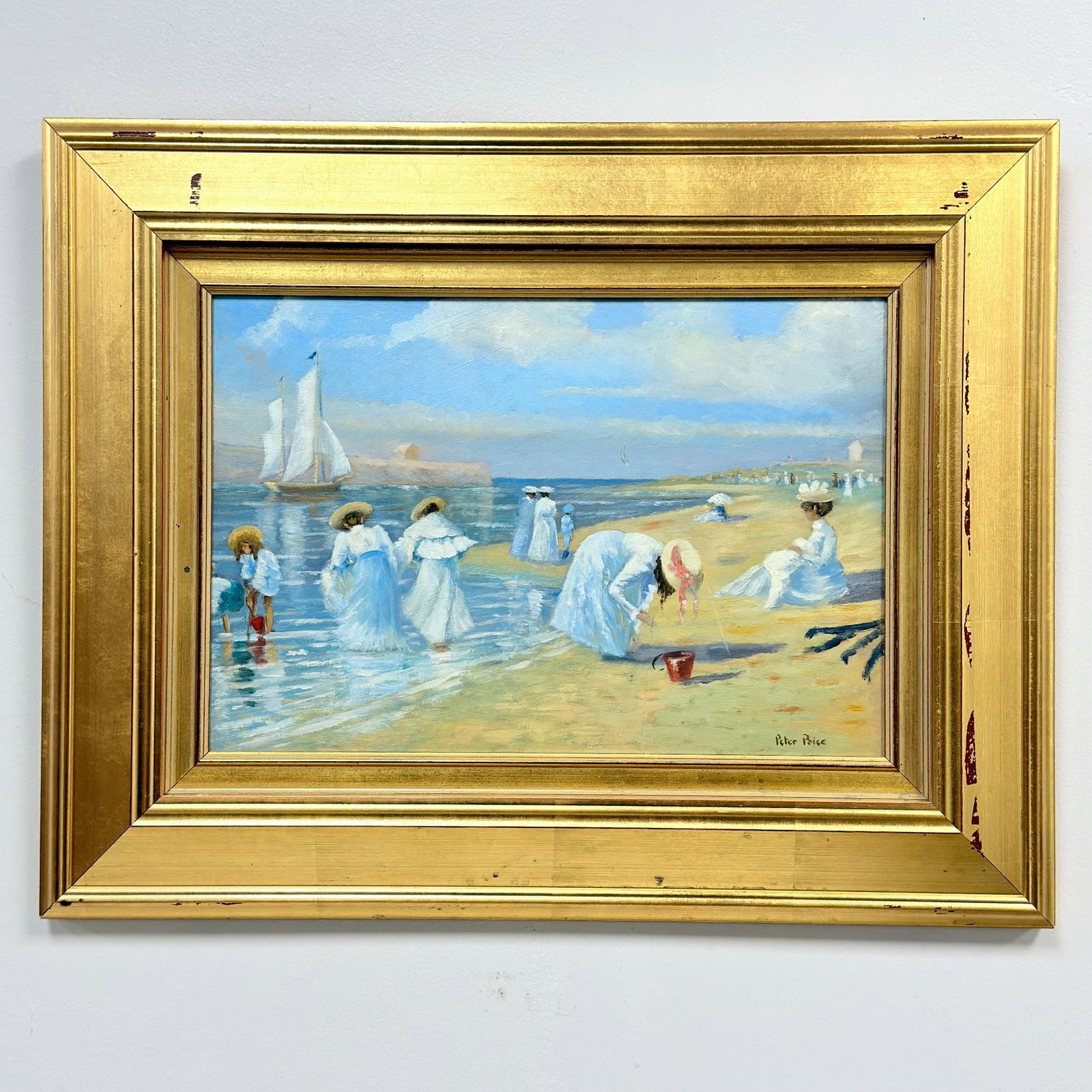 Peter Price (UK, 1935-2003) Edwardian-Style Beach Scene, Oil on Board: This original oil on board painting by Peter Price (1935-2003) depicts a nostalgic Edwardian-style beach scene in an Impressionistic manner. The composition features a group of figures, primarily