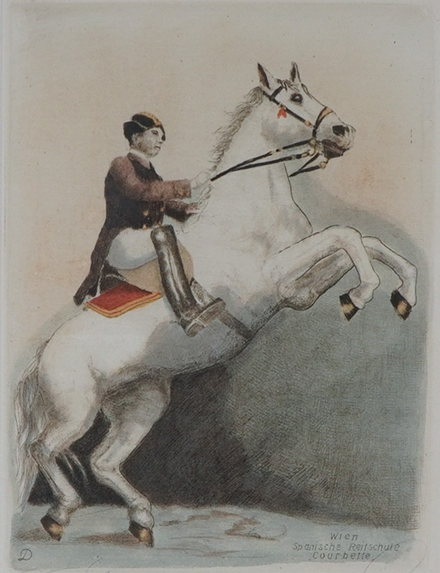 Style of Joseph Plank (Austrian 1894-1977), Hand-Colored Engraving, Signed: A finely executed hand-colored engraving in the style of Joseph Plank, echoing the celebrated Austrian artist's known mastery of equestrian subjects and Viennese cultural themes. This compelling