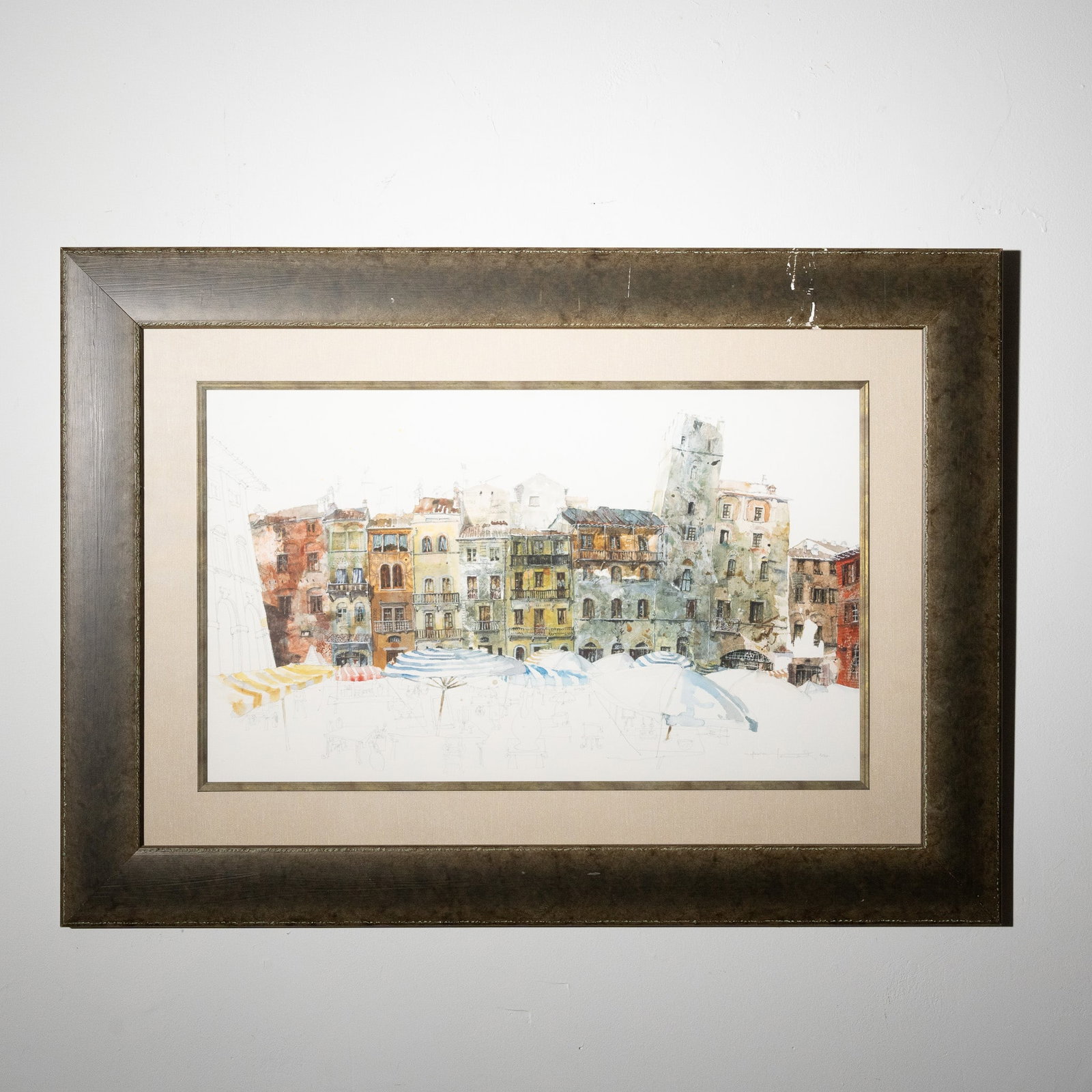Limited Edition Lithograph, European Market Scene, Signed and Numbered: A captivating limited edition color lithograph depicting a European market scene with a blend of architectural realism and loosely sketched foreground elements. The composition features historic