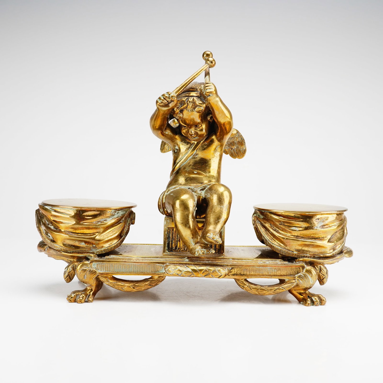 Cast Gilt Brass Double Inkwell with Cherub Figurine (1 of 4)