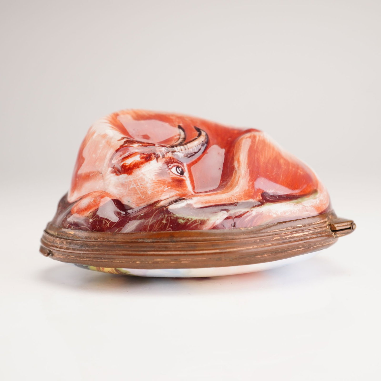 Antique English Enamel Bonbonniere, Reclining Bull (1 of 4)