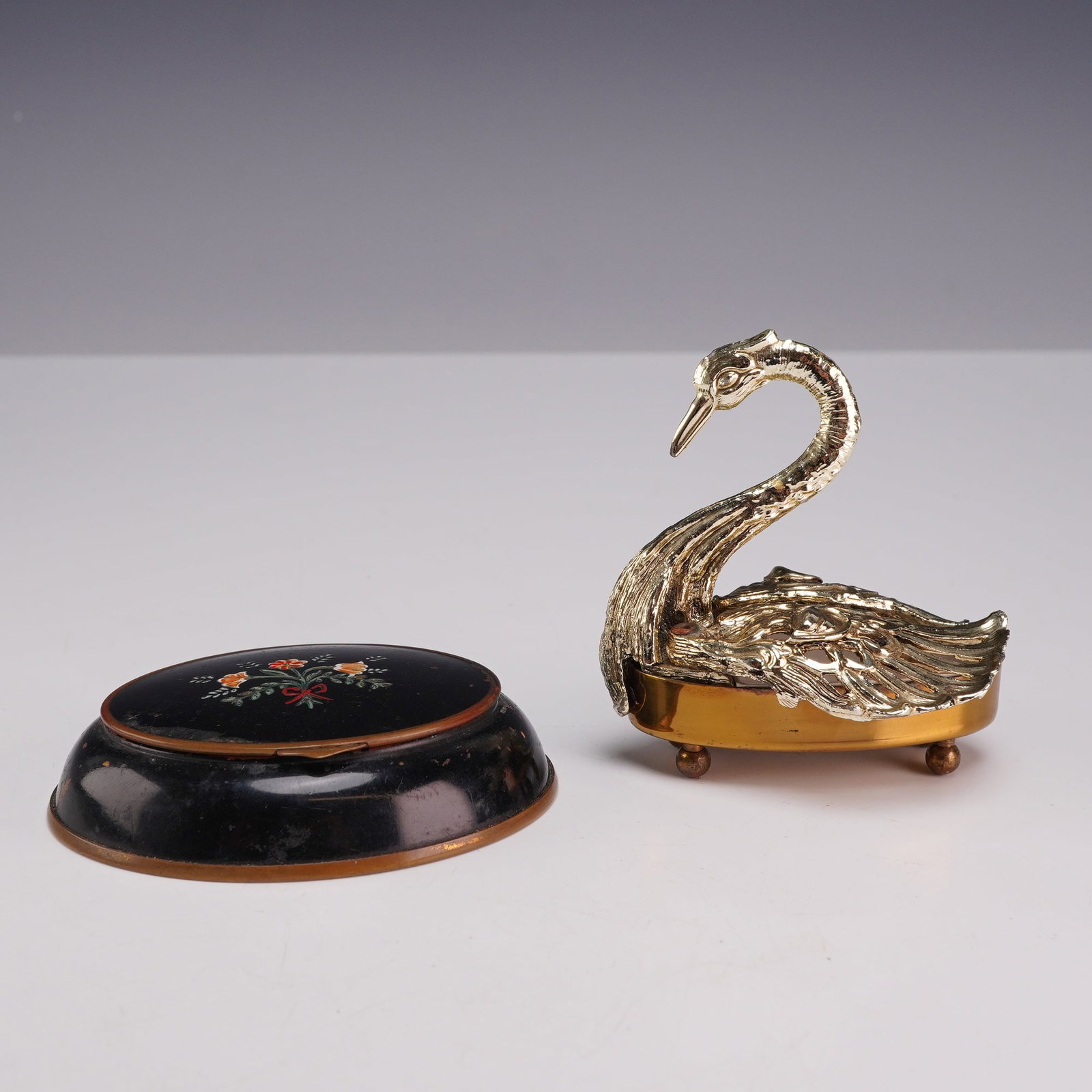 Two Vintage Pill Boxes Including Black Enameled Floral and Gold Tone Swan Design (1 of 4)