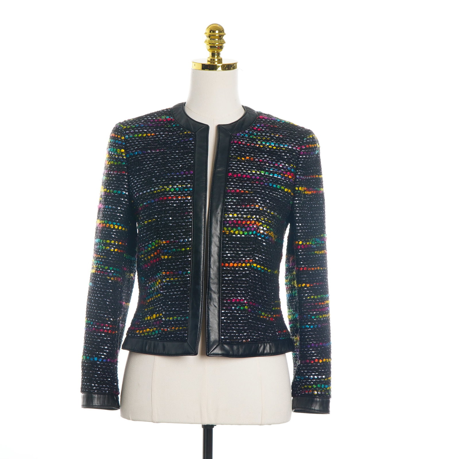Escada Women's Rainbow Tweed Open Jacket with Leather Trim, Size 36: This Escada women's open-front collarless jacket is crafted from a black textured tweed featuring horizontal rows of vibrant multi-colored slubs in red, orange, yellow, green, blue, and purple,