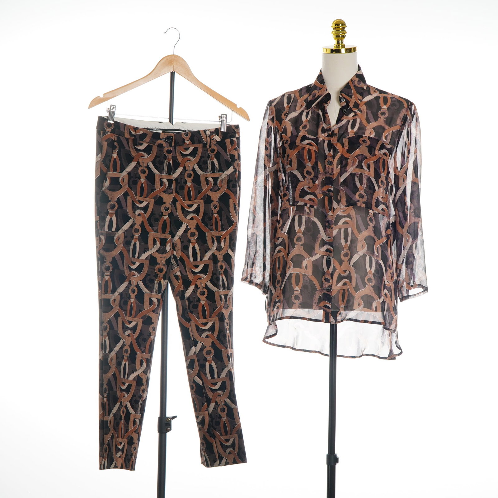Luisa Cerano 2-Piece 100% Silk Interlocking Chain Link Pattern Shirt and Pants Set: This coordinated two-piece ensemble by Luisa Cerano features a matching interlocking chain link print in an earth-tone palette of brown, tan, cream, and black. The set is composed of a 100% silk