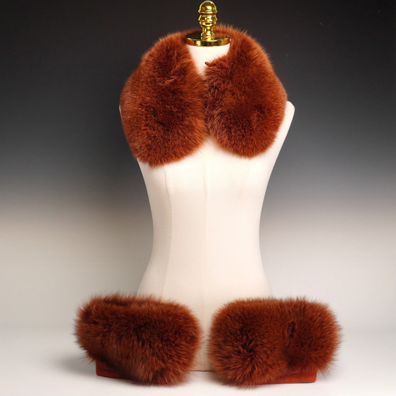 3pc Red Fox Fur Cuffs and Shoulder Warmer: A three-piece accessory set consisting of a matching fur collar and a pair of cuffs. The set is crafted from genuine long-haired red fox fur in a consistent russet brown tone. Each piece is backed