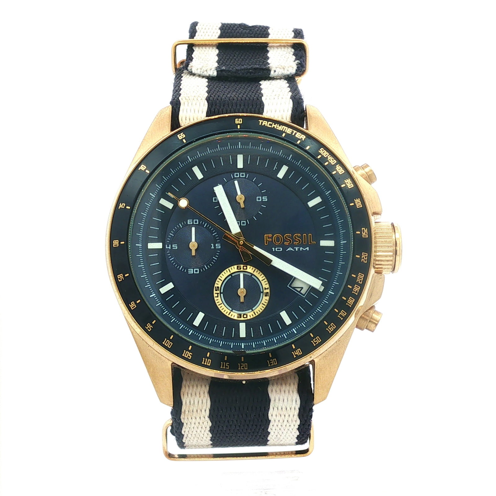 Fossil Men's Stainless Steel Navy and Gold Chronograph Watch CH2614: Luminous Hands and Dial, Acrylic Crystal, Chronograph, 12-Hour Dial. Blue and white canvas wrist strap. Fossil name on dial. Dimensions: 11"L Weight: 3.0 oz.