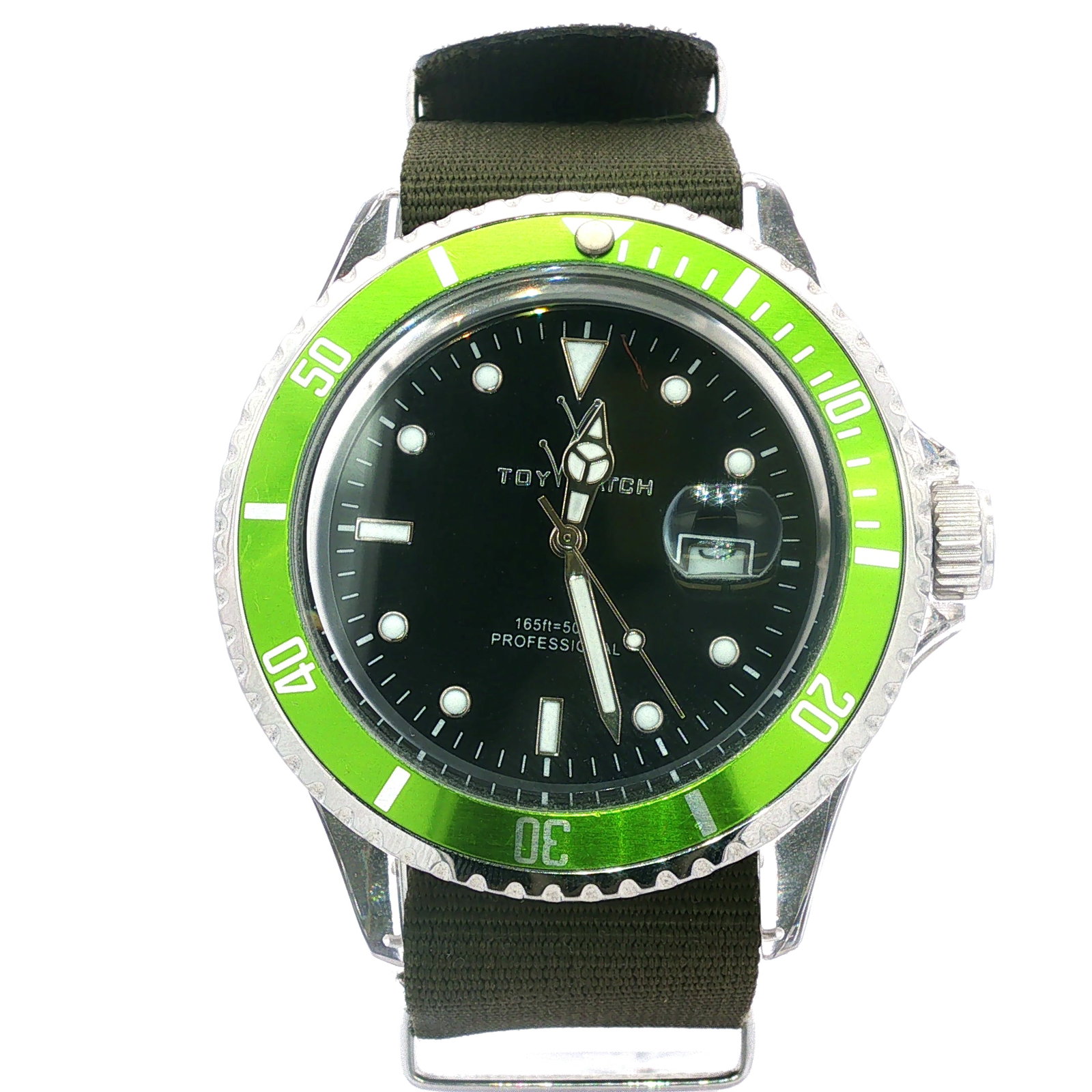 Toywatch Men's Stainless Steel Date Watch, Green: Stainless steel with black and green dial face; 165 ft. Water resistant Professional; Green canvas band; Toywatch mark on face. Dimensions: 10"L Weight: 1.7 oz.
