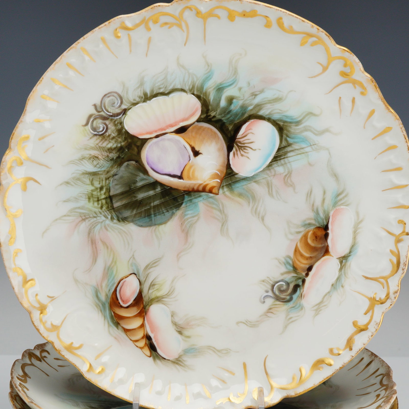 Set of 12 Jean Pouyat Limoges Hand-Painted Porcelain Dessert Plates, Shell Motif - 2