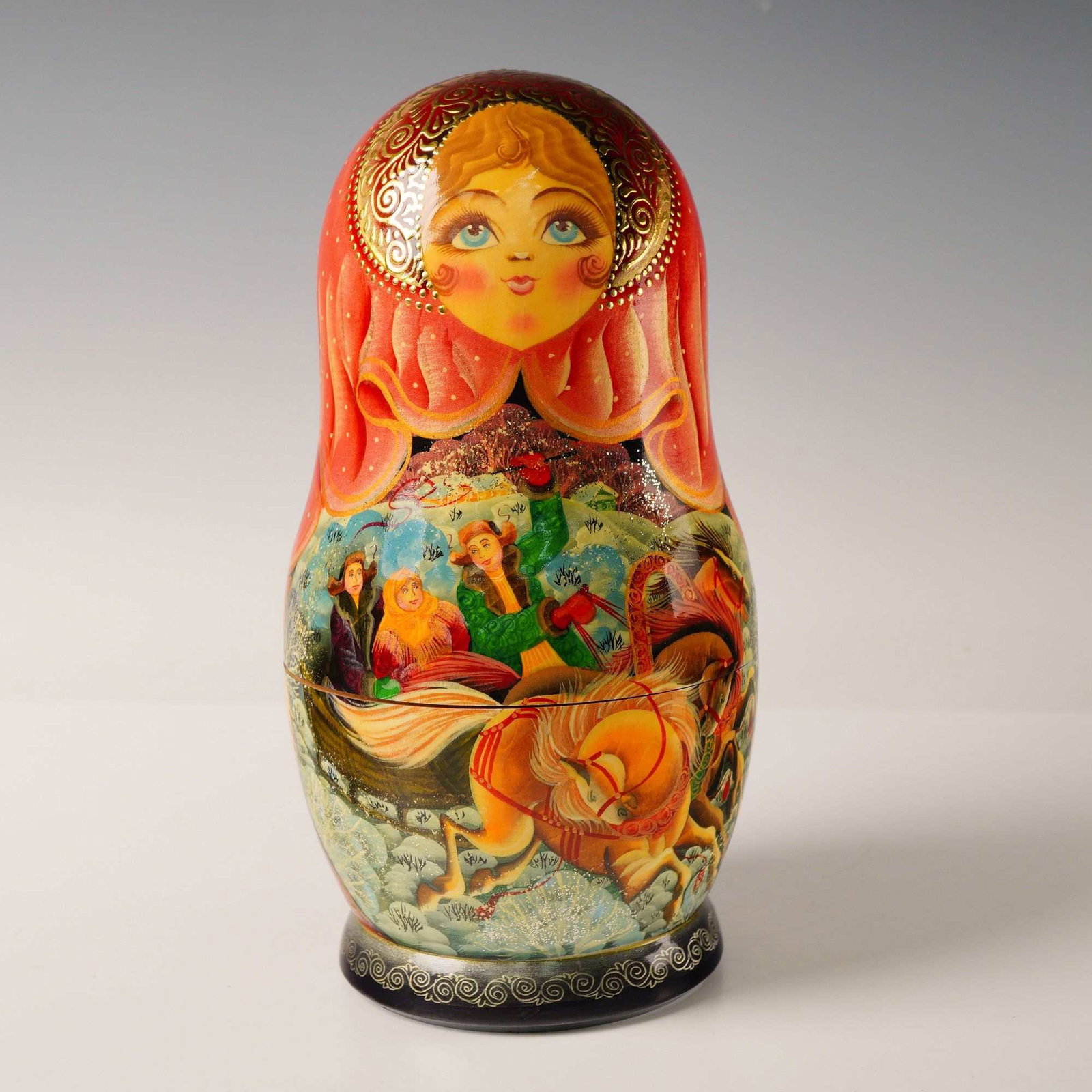 Fine Art Matryoshka Doll by E. Dobrokhoche, Russian: A single, large wooden Matryoshka doll, hand-made in Russia and distributed by G. Debrekht. The doll is executed in the style of Fine Art Matryoshka, featuring elaborate miniature painting and varnish