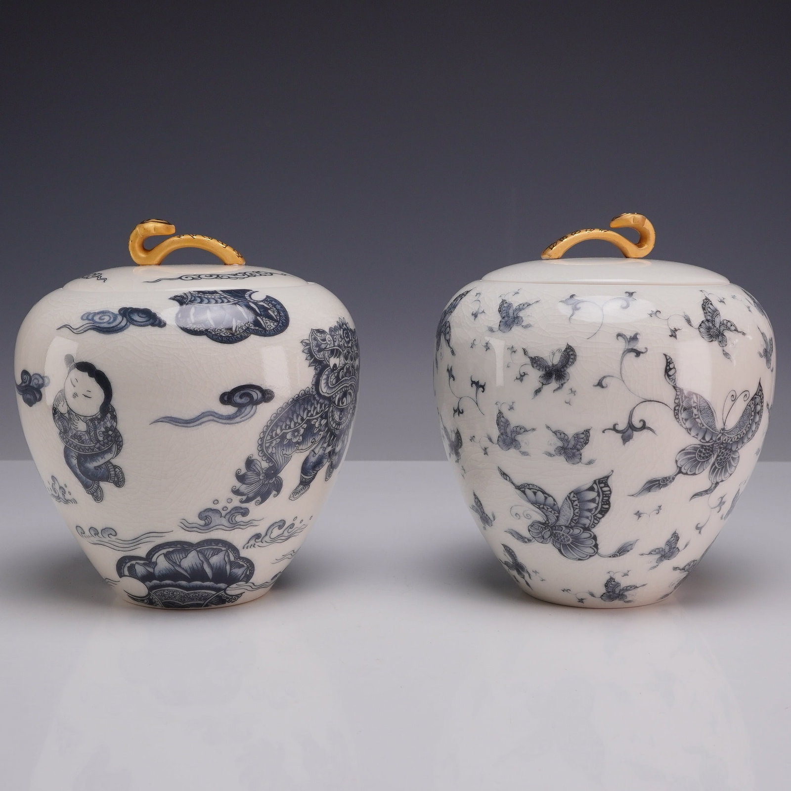 2pc Contemporary Tai-Hwa Pottery Underglaze Blue and White Porcelain Lidded Jars (1 of 3)