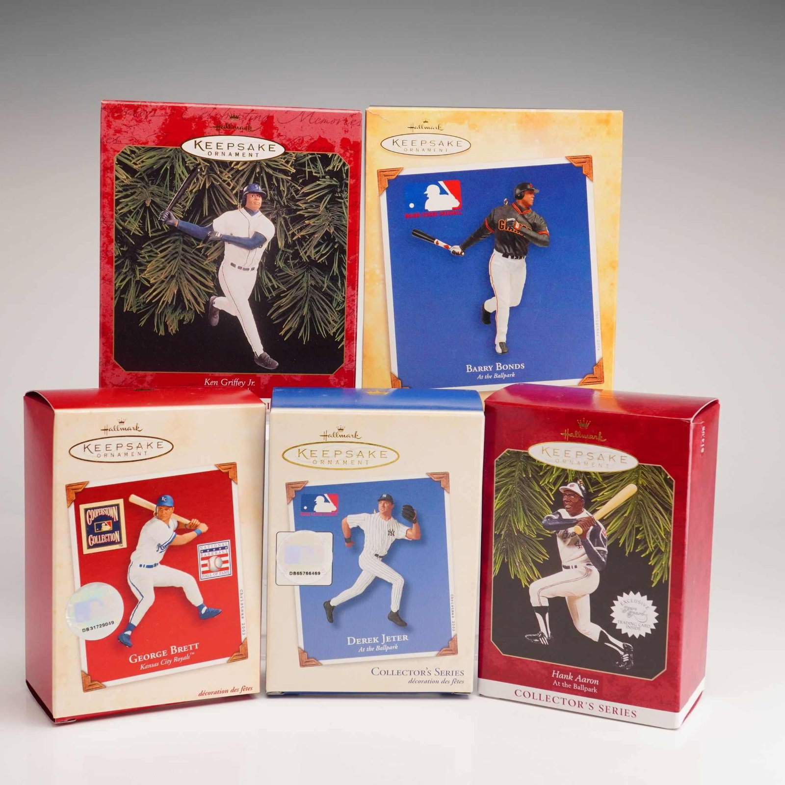 5pc Hallmark Keepsake At the Ballpark Series MLB Baseball Ornaments: A set of five vintage Hallmark Keepsake baseball player ornaments from the At the Ballpark collector's series, each presented in its original retail packaging. The collection features prominent Major 
