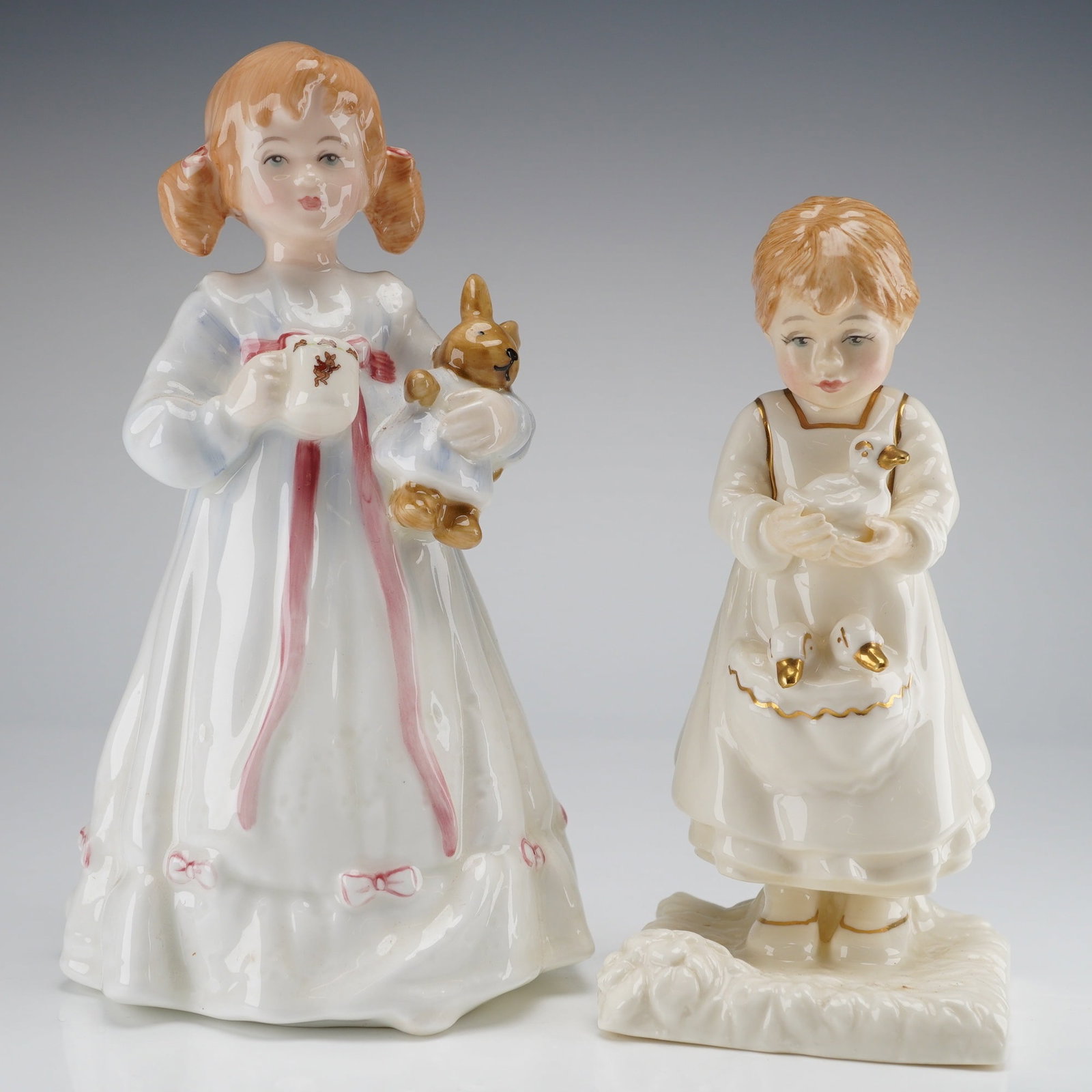 2pc Royal Doulton Figurines, Bunny's Bedtime and Off To The Pond: The first figurine, titled "Bunny's Bedtime," is identified by the HN 3370 model number (confirmed by web research) and is marked on the base as an exclusive Collectors Club limited edition (LE/9,500 
