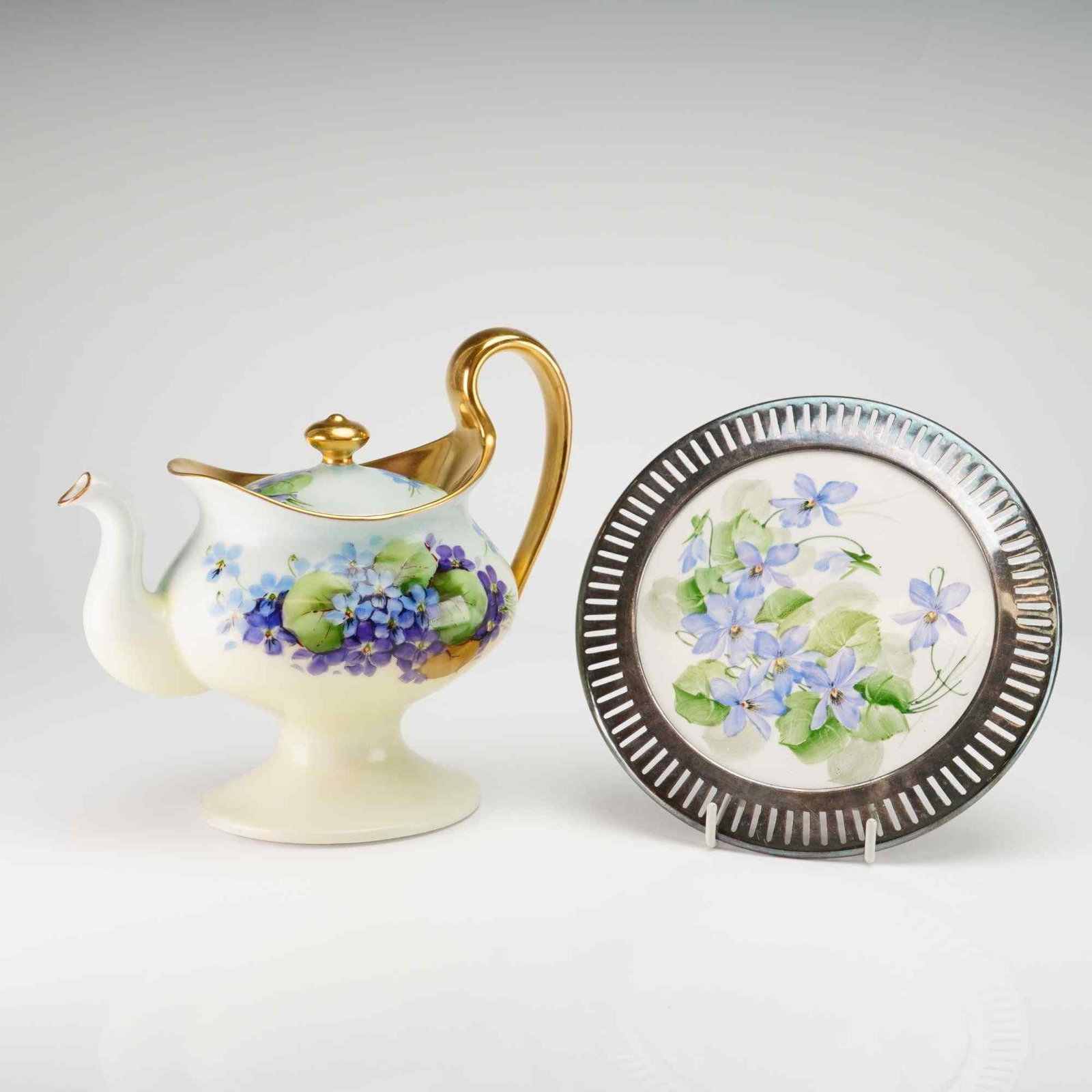 Two Piece Hand-Painted T&V Limoges Porcelain Teapot and Meriden Silver Plate Trivet (1 of 3)