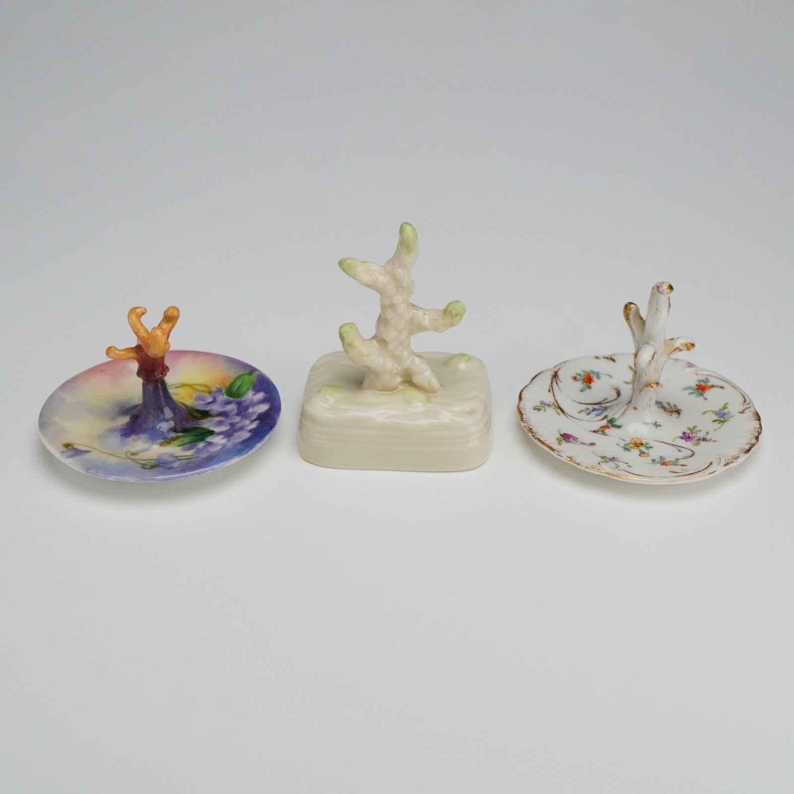 Three Belleek Coral-Form, Dresden, and Haviland Porcelain Ring Trees (1 of 3)