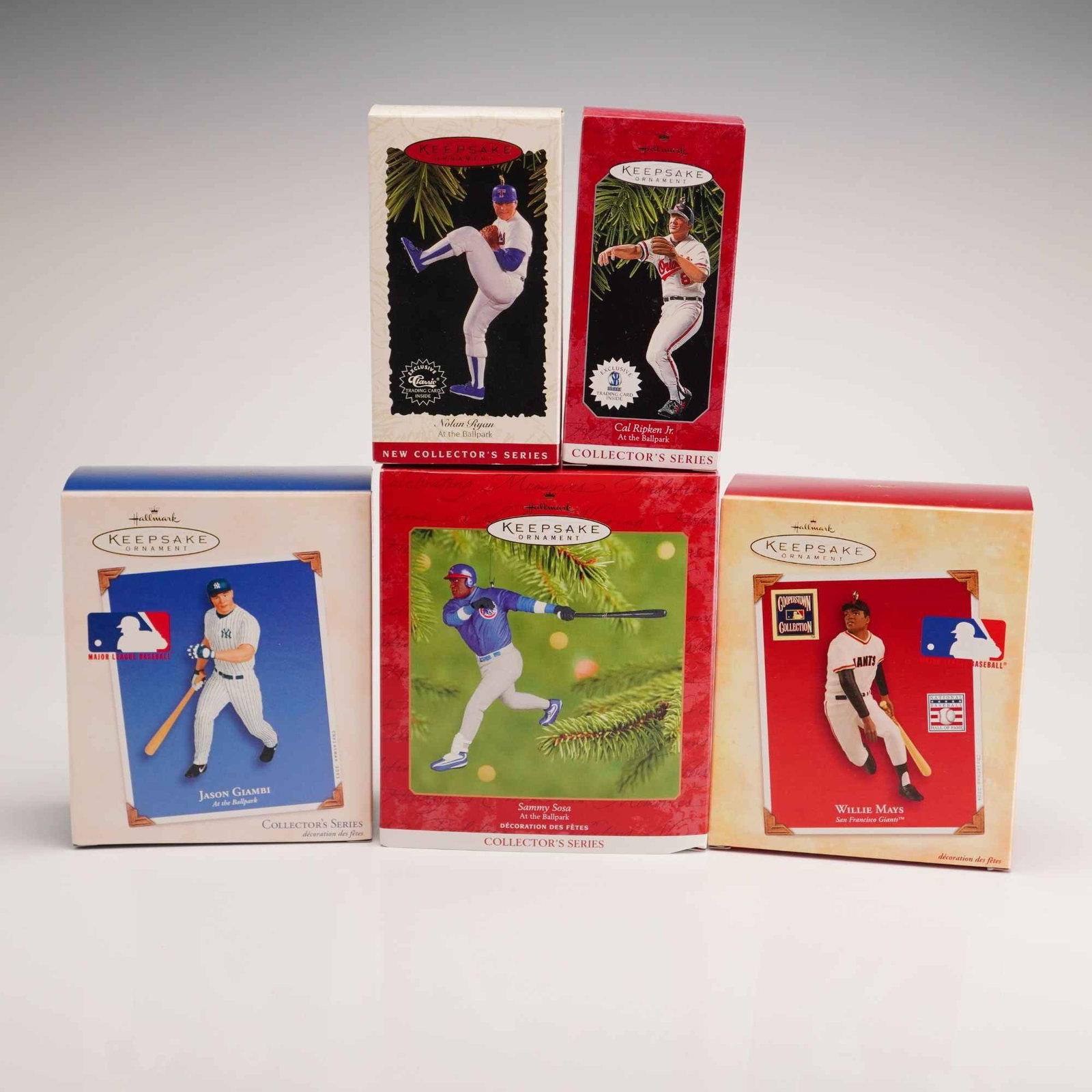 5pc Hallmark Keepsake MLB At the Ballpark Series Baseball Ornaments: This collection includes 5 Hallmark Keepsake Ornaments from the At the Ballpark series, commemorating prominent Major League Baseball players. The set features Nolan Ryan (Texas Rangers, 1996), Cal