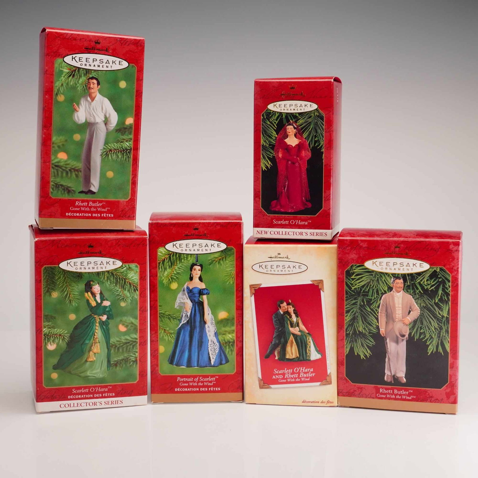 Six Hallmark Keepsake Gone with the Wind Ornaments: This collection includes six Hallmark Keepsake Ornaments inspired by the 1939 film Gone with the Wind, all sculpted by artist Patricia Andrews. The items feature sculpted clothing, hair, and painted