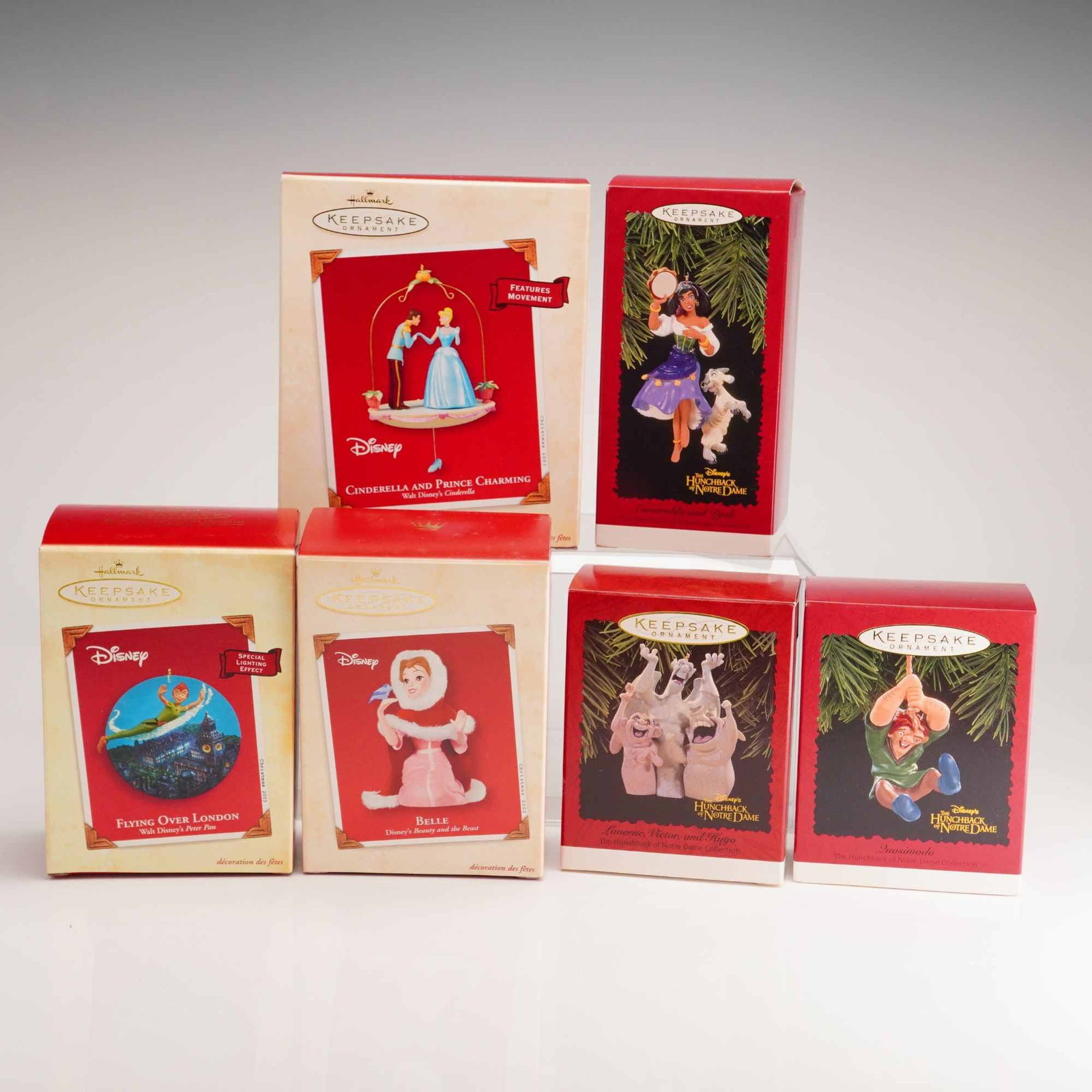 6pc Disney Hallmark Keepsake Ornaments: A collection of six handcrafted Disney-themed holiday ornaments produced by Hallmark Cards, Inc. under the Keepsake Ornament line. These ornaments are constructed from handcrafted plastic and mixed me