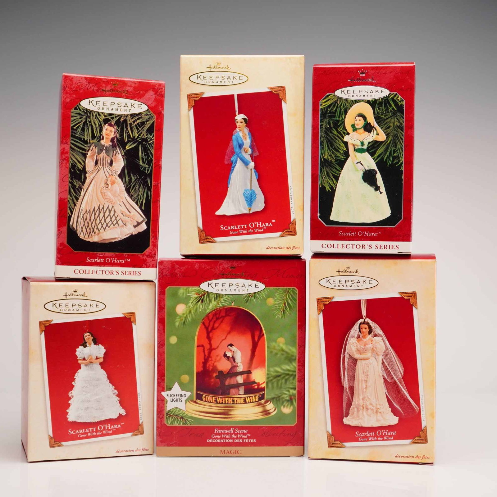 6pc Hallmark Keepsake Ornaments, Gone With the Wind: This lot features 6 Hallmark Keepsake Ornaments inspired by the film Gone With the Wind, primarily focusing on the character Scarlett O'Hara. The collection spans production years from 1998 to 2004