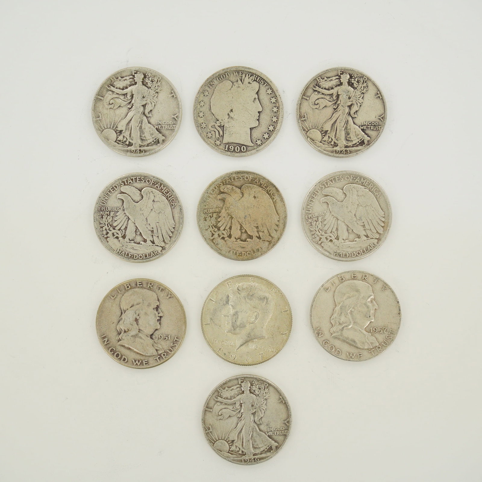 Ten US Silver Half Dollars Barber Walking Liberty Franklin and Kennedy Issues (1 of 2)