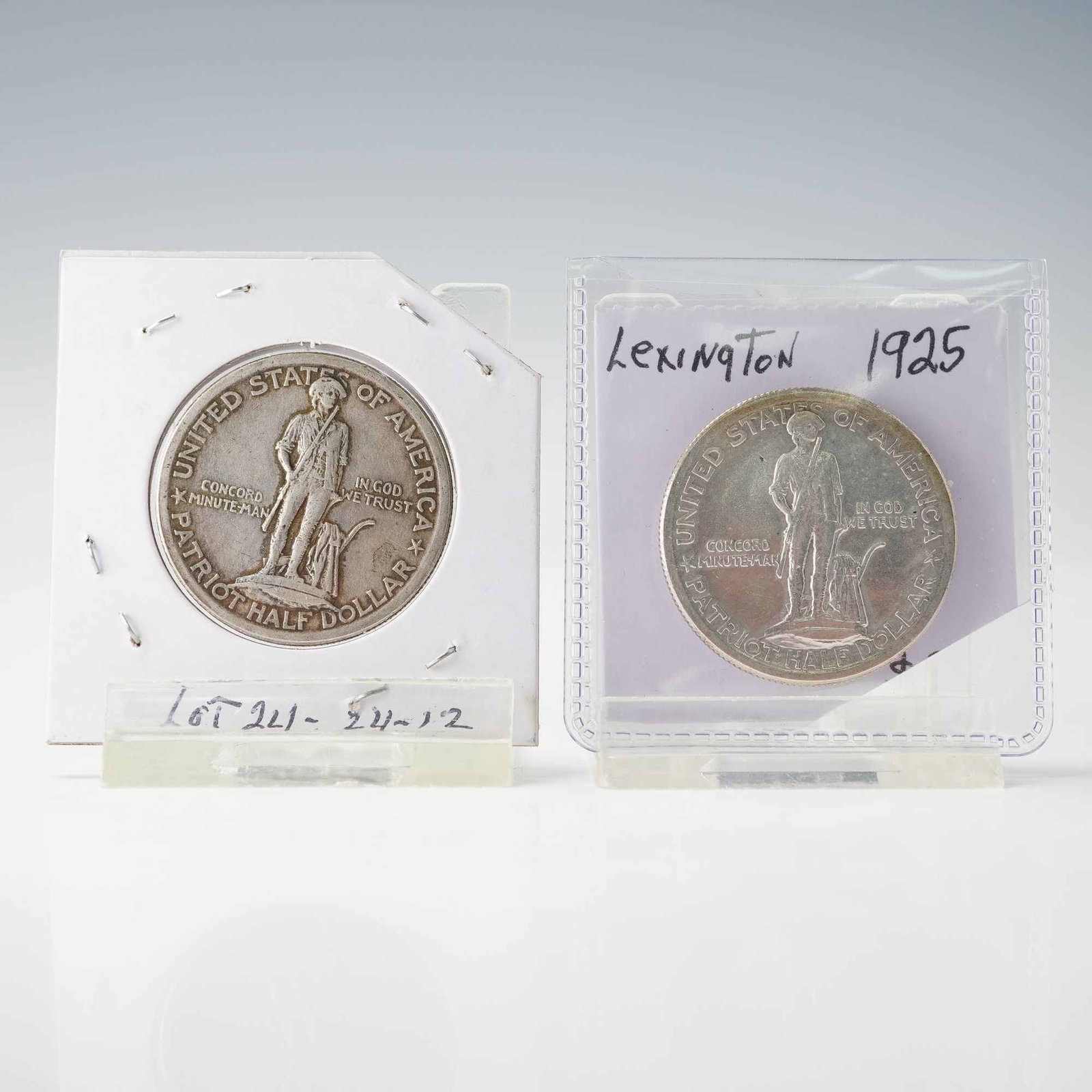 2pc 1925 Lexington-Concord Sesquicentennial Commemorative Half Dollar Coins: These two United States silver half dollars were issued in 1925 to commemorate the sesquicentennial of the Battles of Lexington and Concord, each bearing the iconic depiction of the Concord Minuteman 