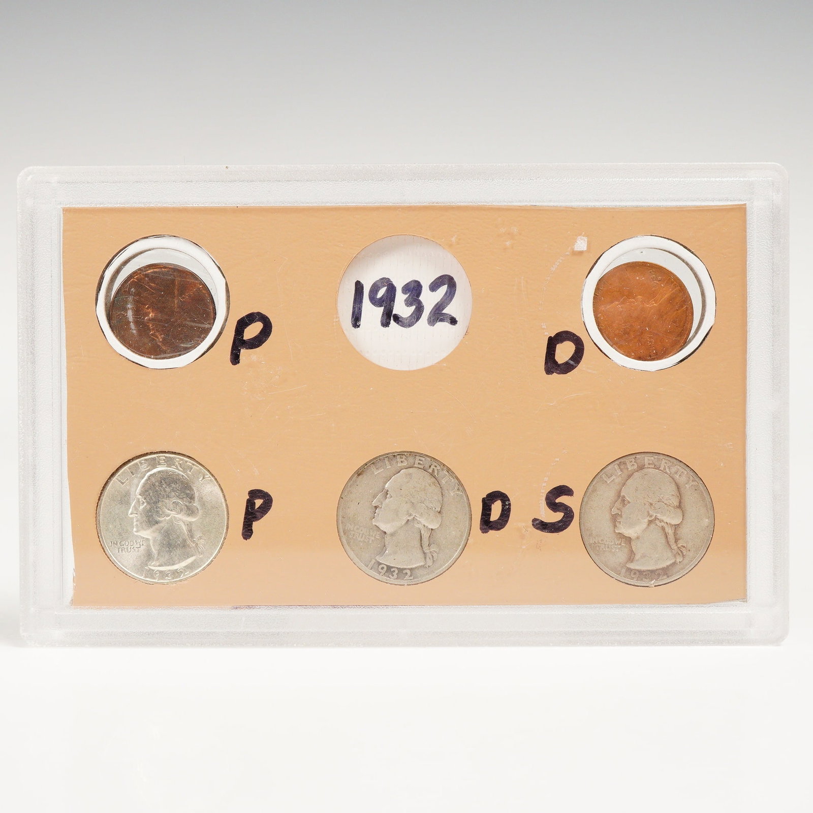 1932 Washington Quarters and Lincoln Cent Coin Set: Five coins comprising a 1932-P and a 1932-D Lincoln Cent, a 1932-P, 1932-D, and a 1932-S Washington Quarter. Each representing the Philadelphia, Denver, and San Francisco mints. All coins are housed
