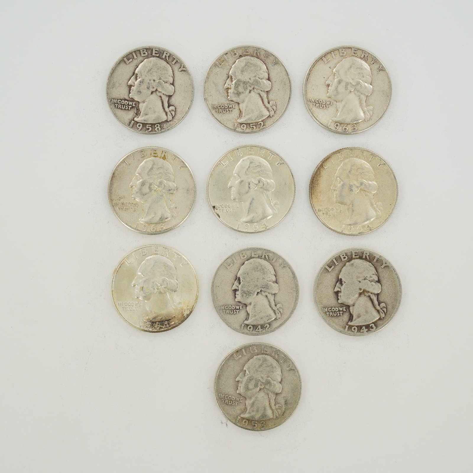 Ten US Washington Silver Quarter Dollars, 1942-1964 (1 of 2)