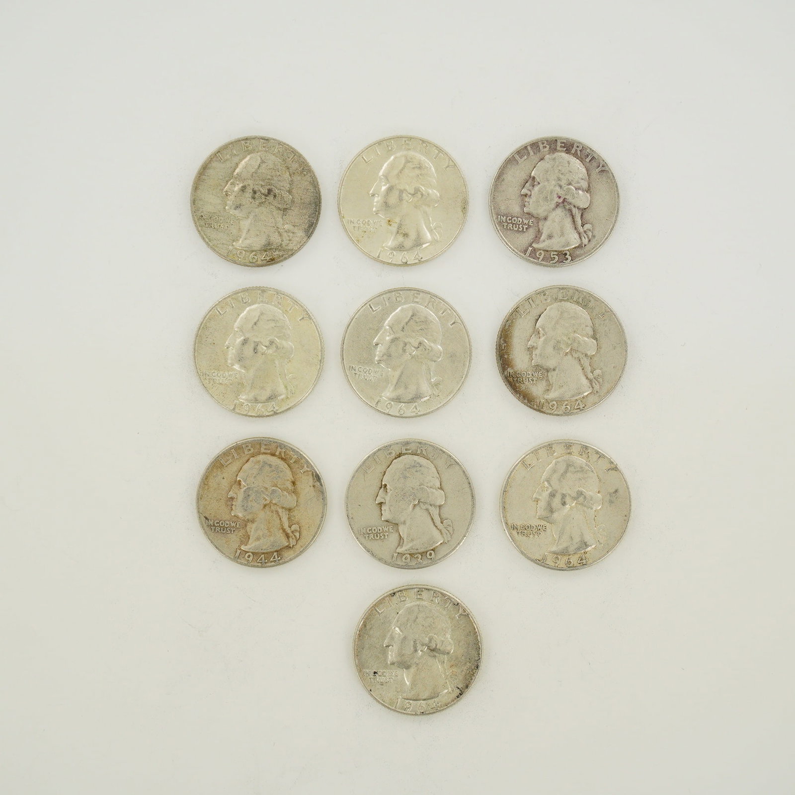 10pc Collection of US Silver Washington Quarter Dollars, 1939-1964 (1 of 2)