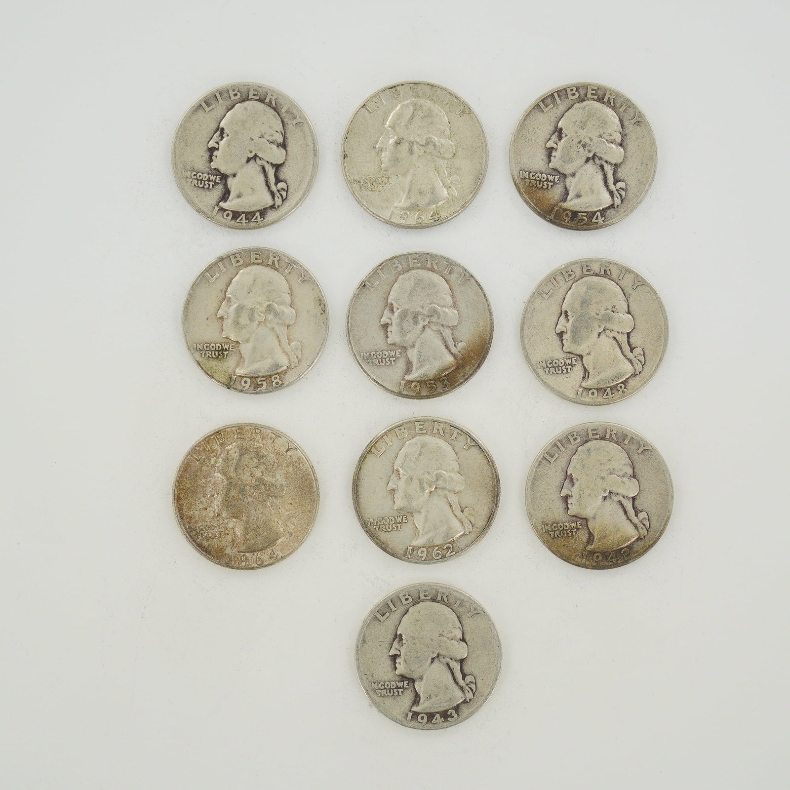 10pc Collection of US Silver Washington Quarter Dollars, 1942-1964 (1 of 2)