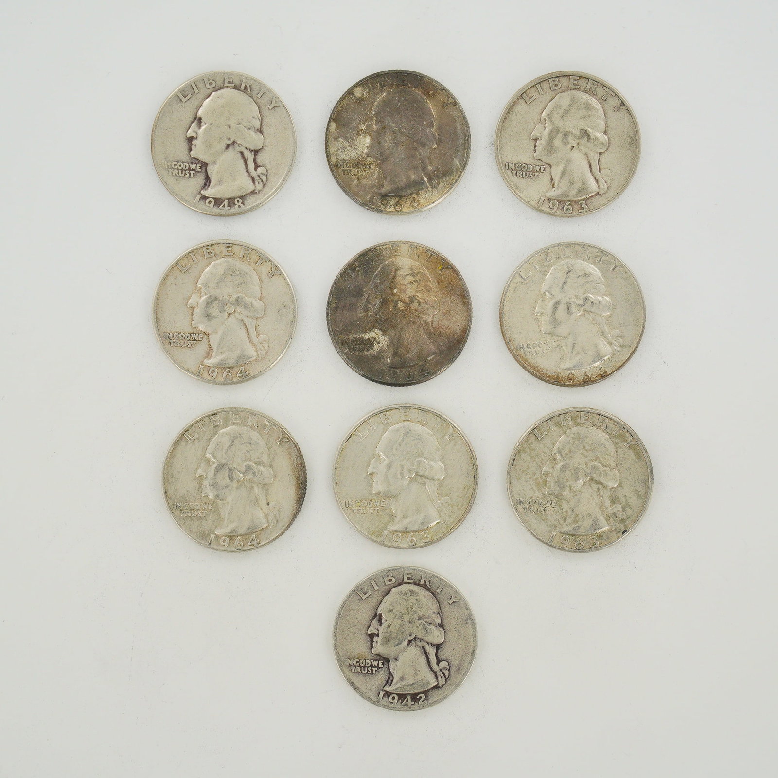 10pc Collection of US Silver Washington Quarter Dollars, 1942-1964 (1 of 2)