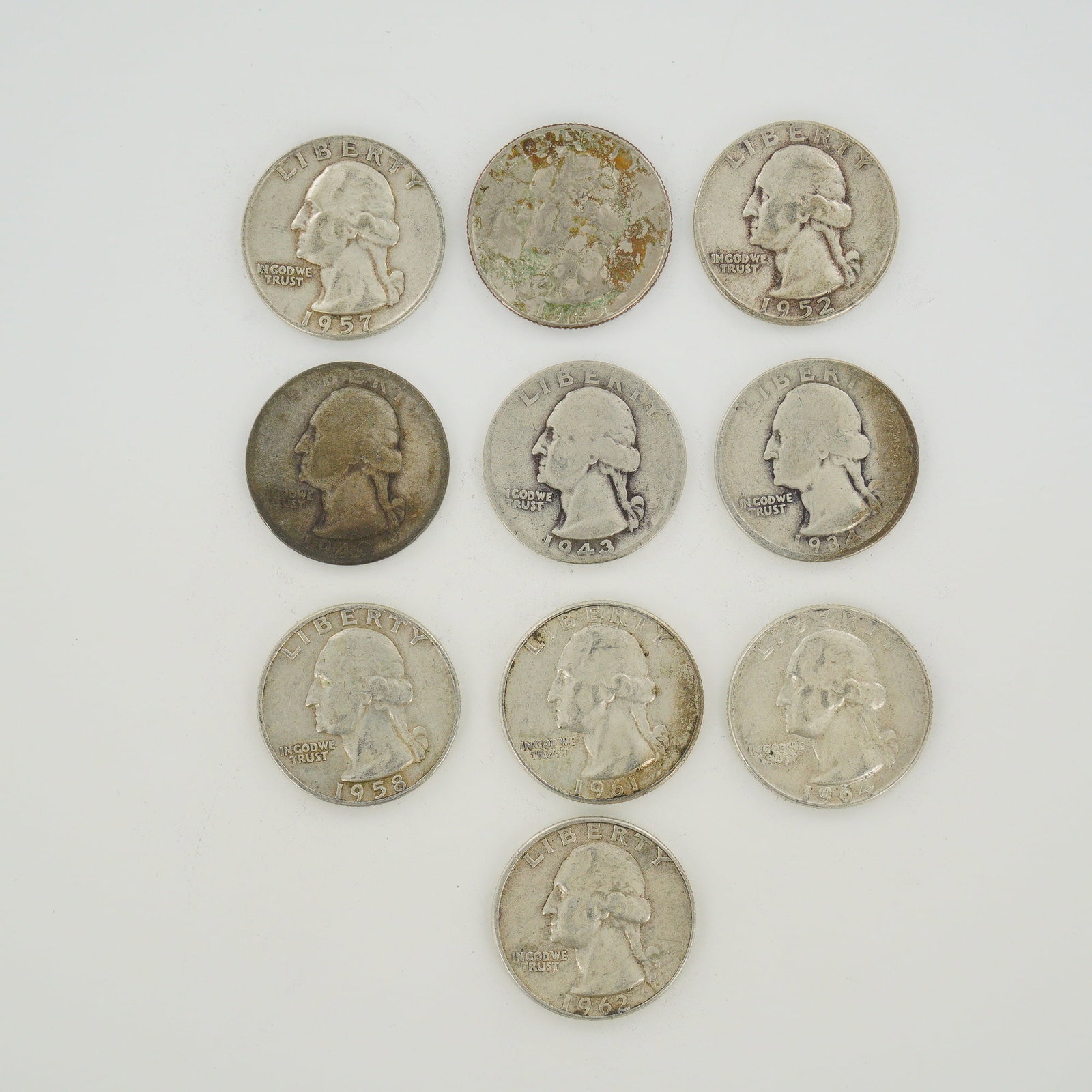 10pc Collection of US Silver Washington Quarters,1934-1963 (1 of 2)