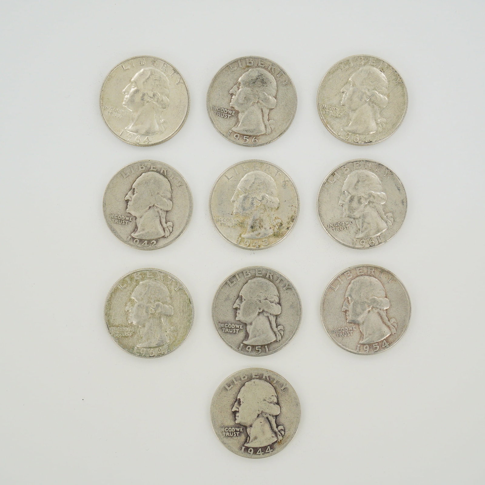 10pc US Washington Silver Quarters, 1942-1964 (1 of 2)