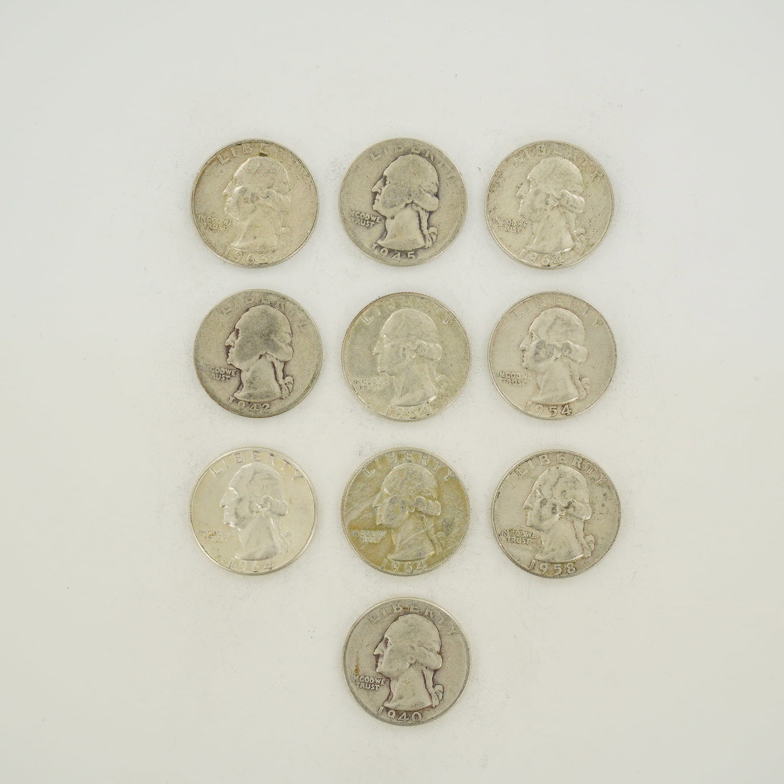 10pc Collection of US 90% Silver Washington Quarters, 1940-1964 (1 of 2)