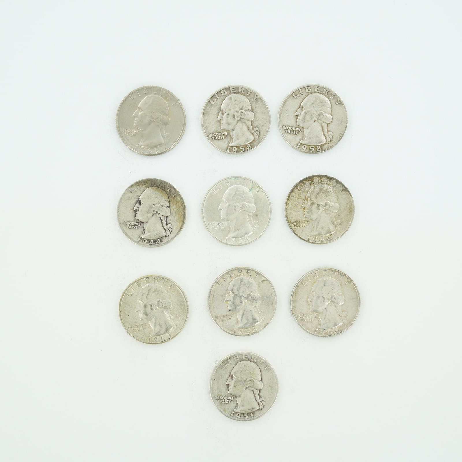 10pc Pre-1964 U.S. 90% Silver Washington Quarters (1 of 2)