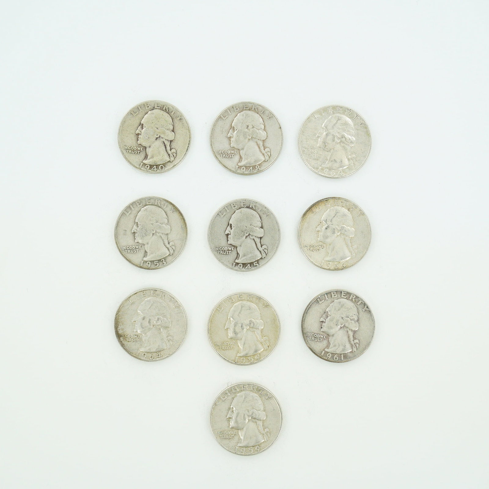 10pc Pre-1964 U.S. 90% Silver Washington Quarters (1 of 2)