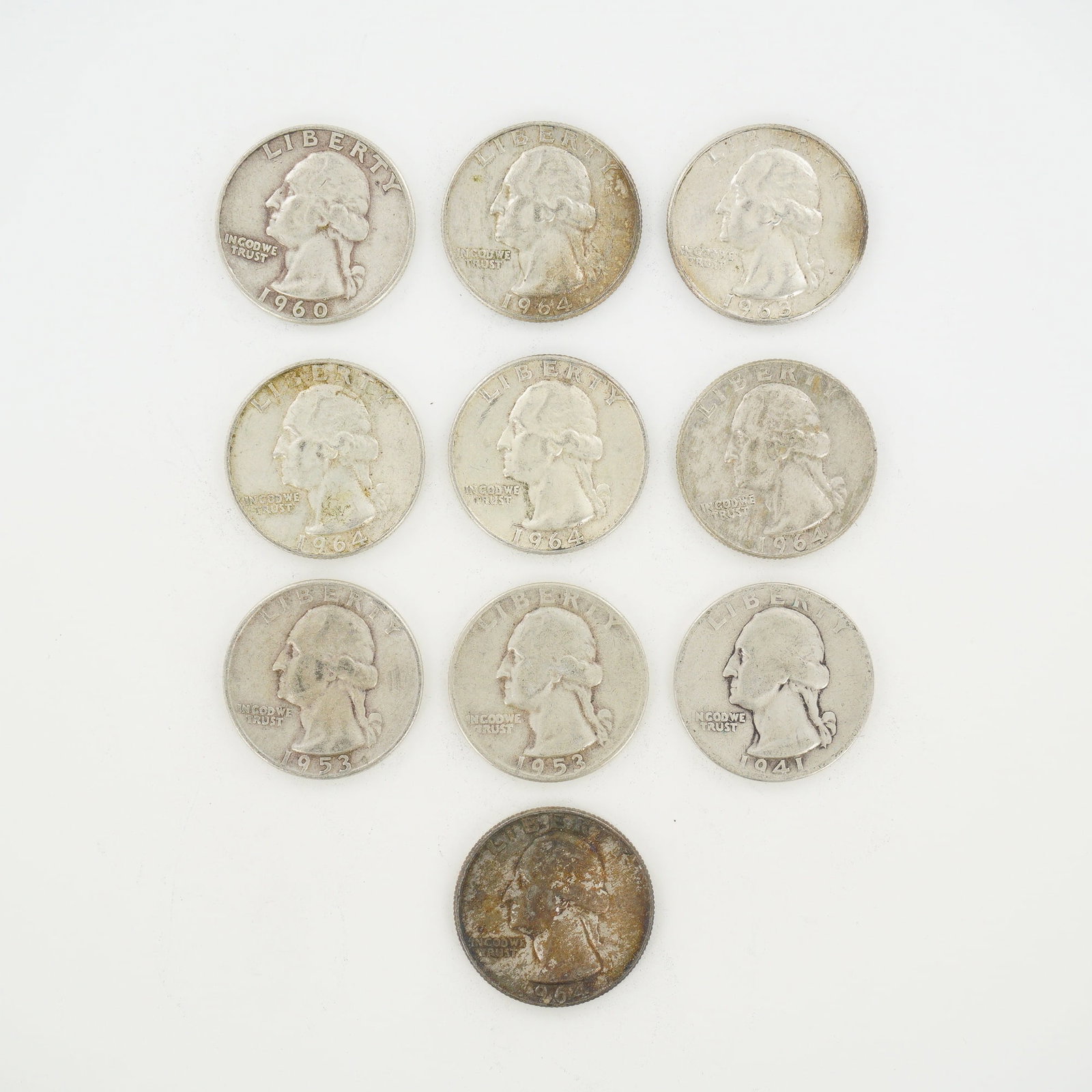 10pc Pre-1964 U.S. 90% Silver Washington Quarters: A group of US Washington quarters struck in 90% silver. This mixed date bag of coins includes issues from 1941, 1953, 1960, 1963, and 1964. Mint marks identified include Denver (D) and San Francisco (